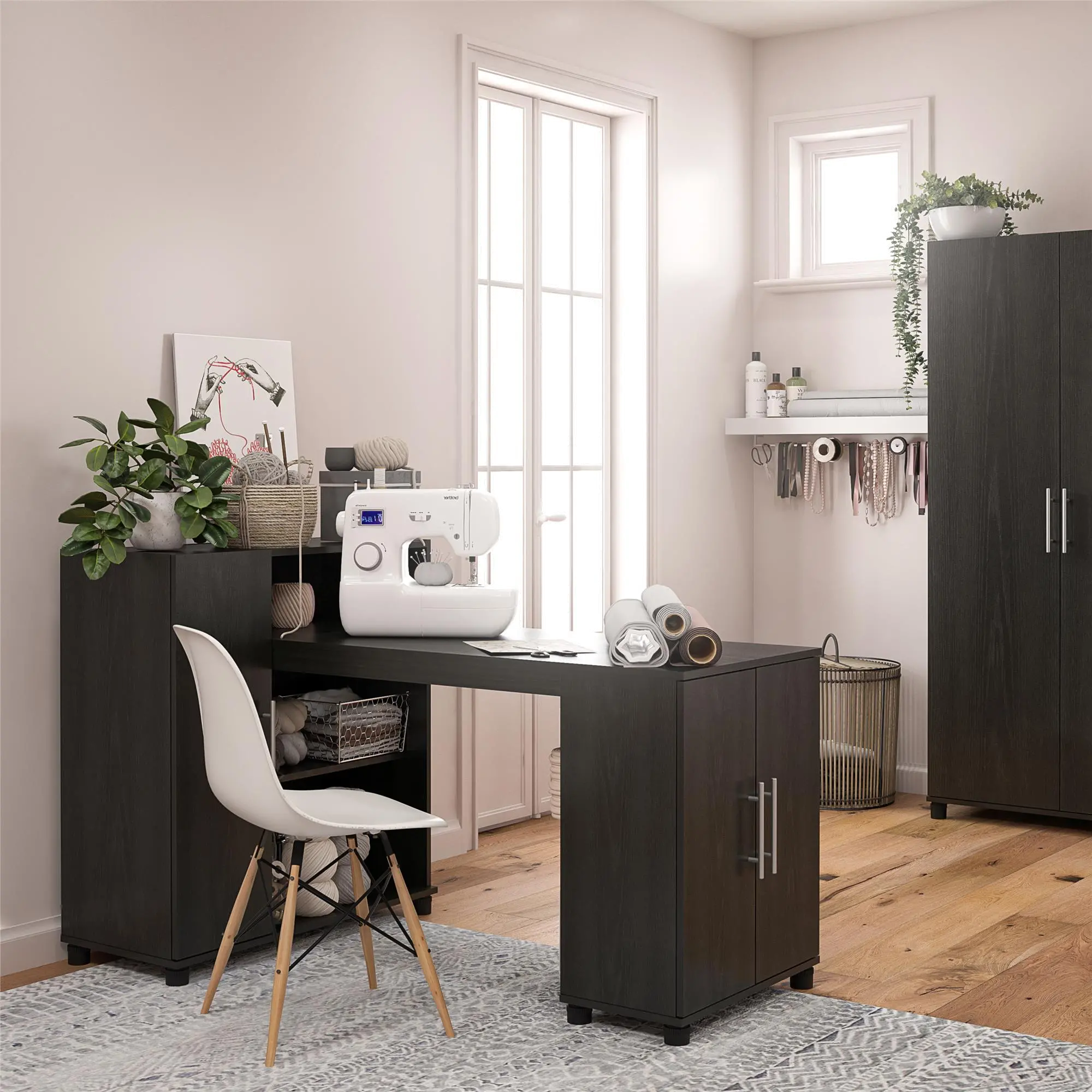 Camberly Black Oak Craft Desk with Storage Cabinet-2
