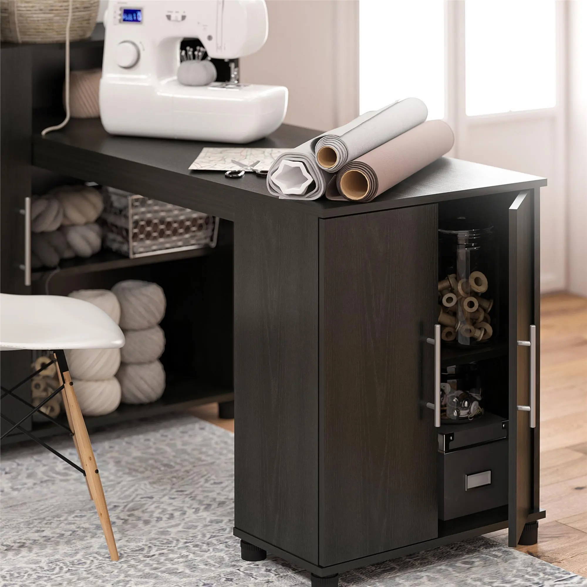 Camberly Black Oak Craft Desk with Storage Cabinet-3