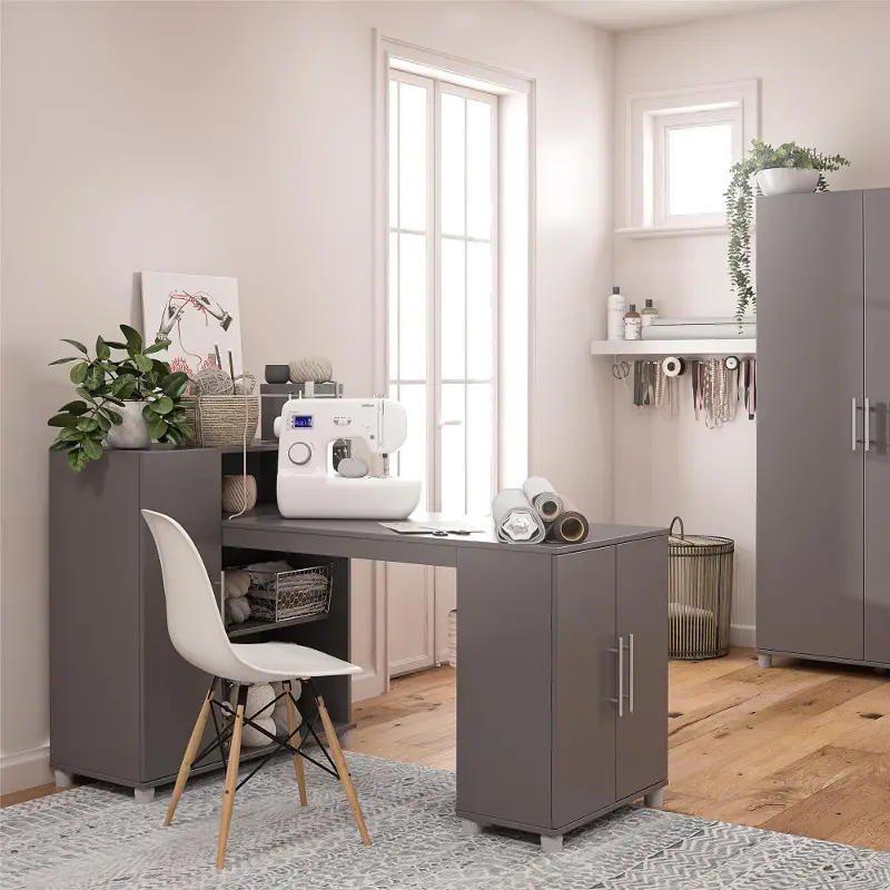 Camberly Graphite Gray Craft Desk with Storage Cabinet
