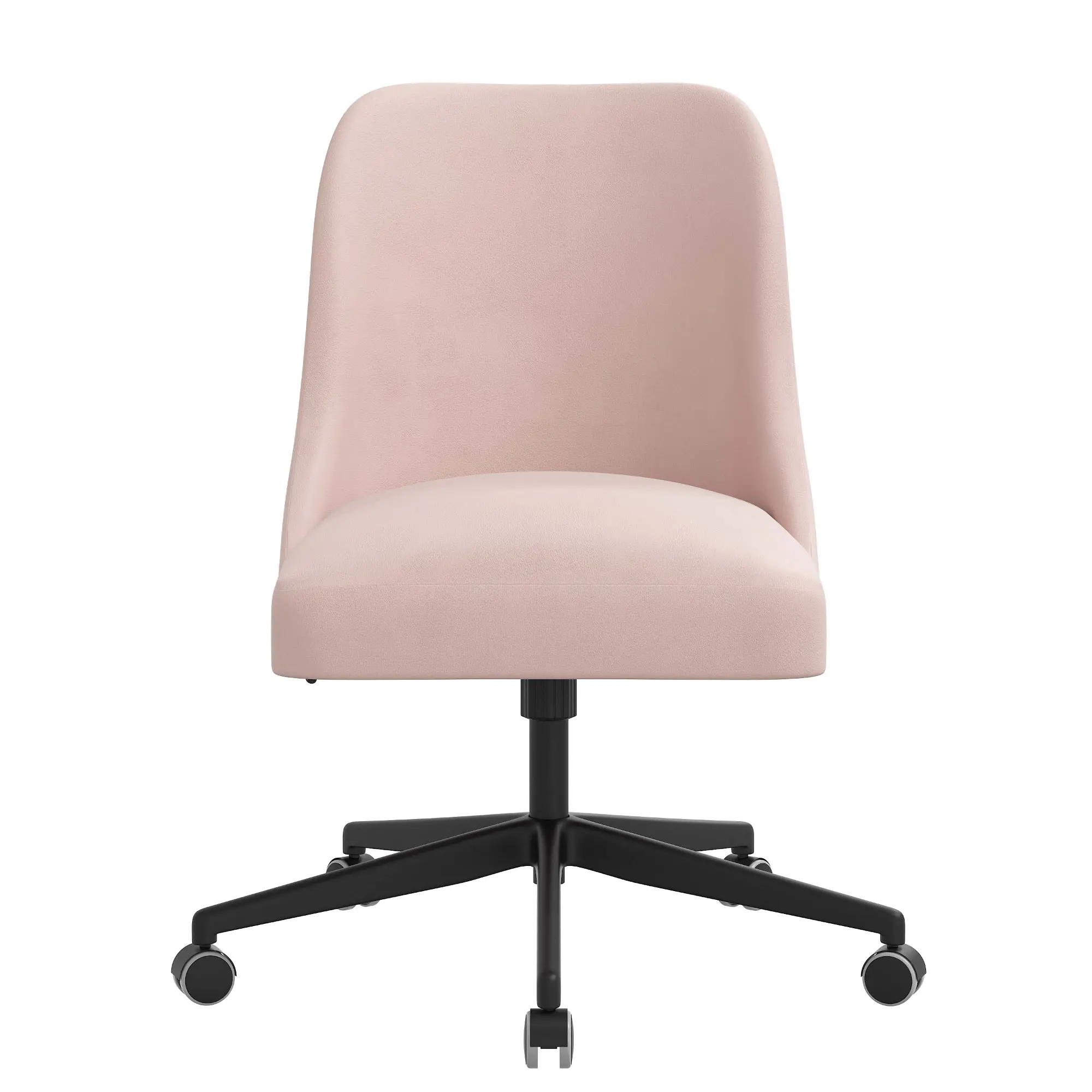 A blush pink upholstered office chair with a straight back, cushioned seat, and a black wheeled base viewed from front.