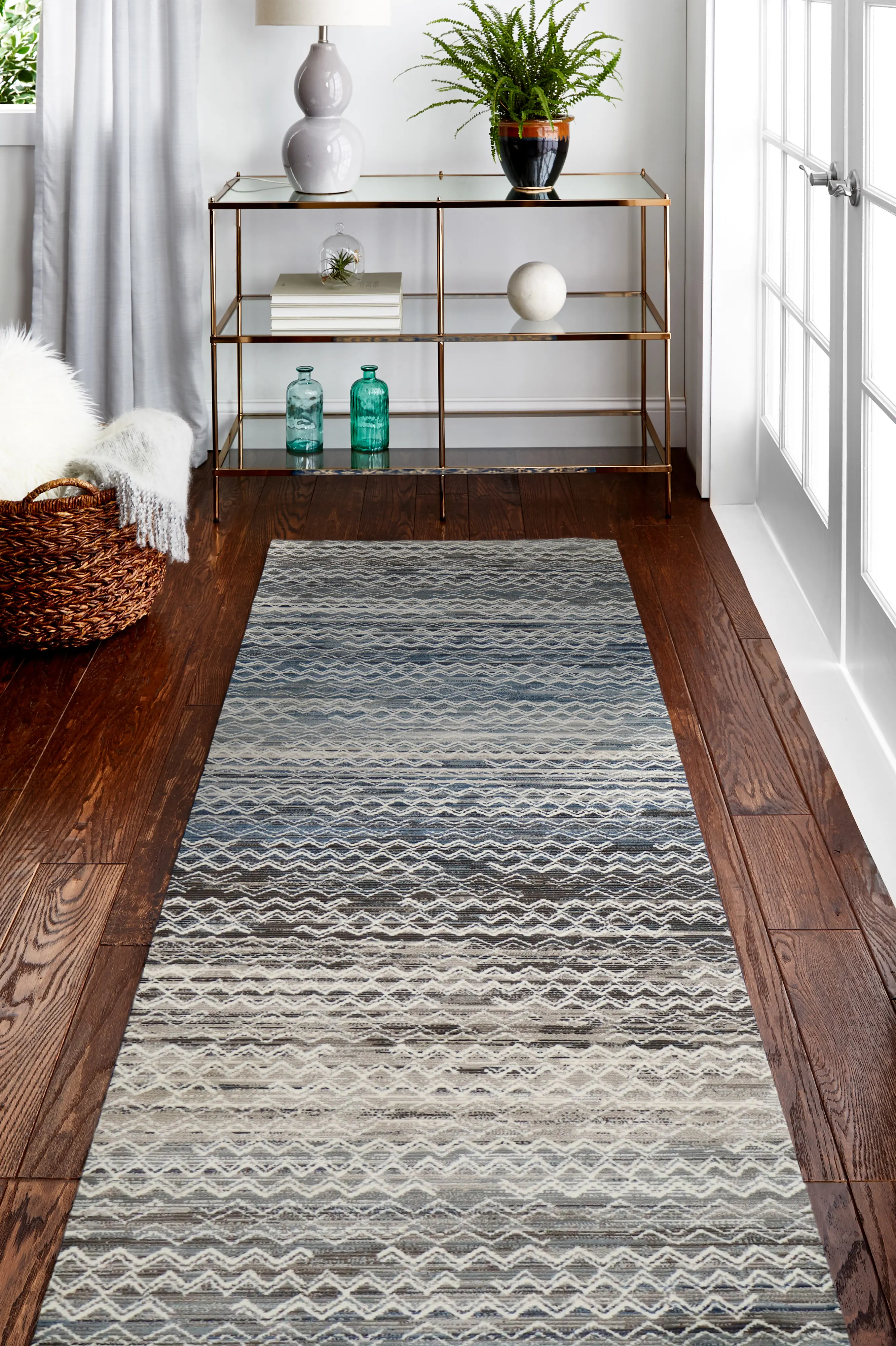 C191-MULTI-2.6X8-CM106 Lacey Gray and Blue Geometric 8 Foot Runner Rug-1