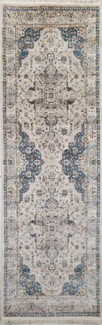 C192-IV-2.6X8-CN110 Gamaliel Blue and Ivory Bohemian 8 Foot Runner Rug