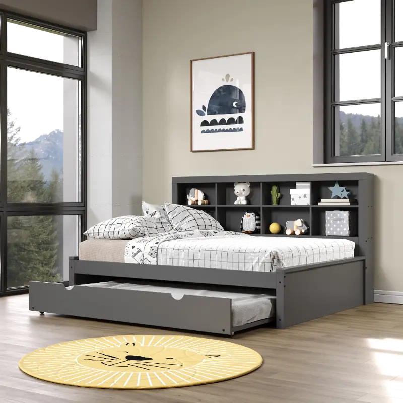 Gray Full Bookcase Daybed with Trundle