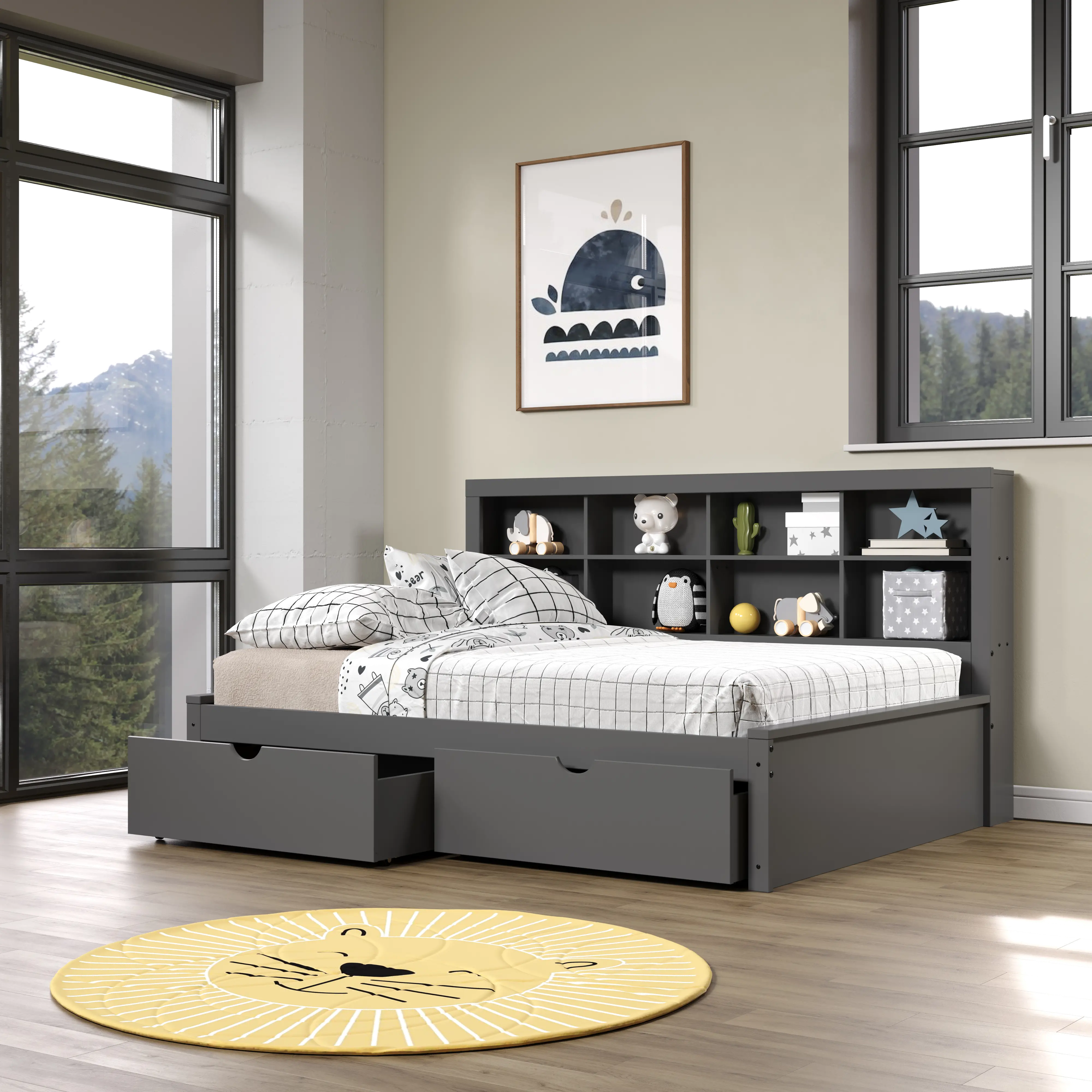 Gray Full Bookcase Daybed with Storage Drawers-2