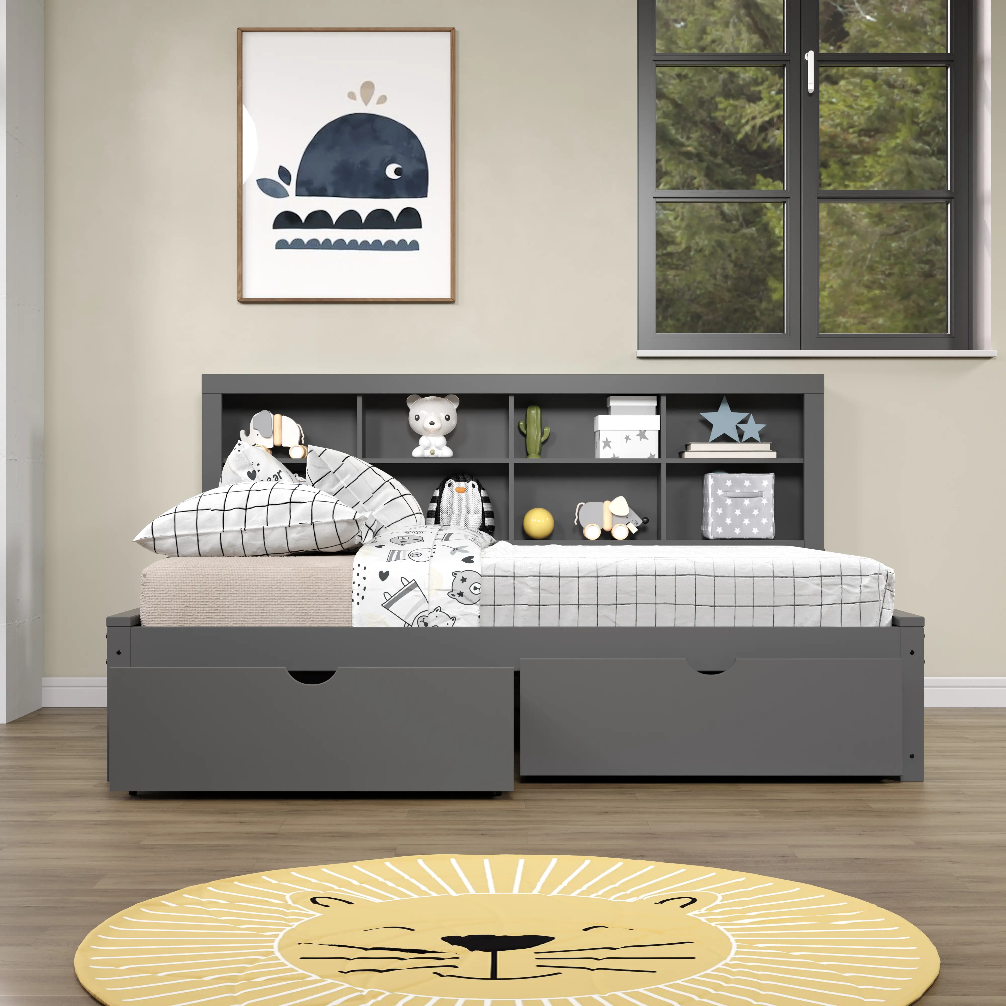 Gray Full Bookcase Daybed with Storage Drawers-3