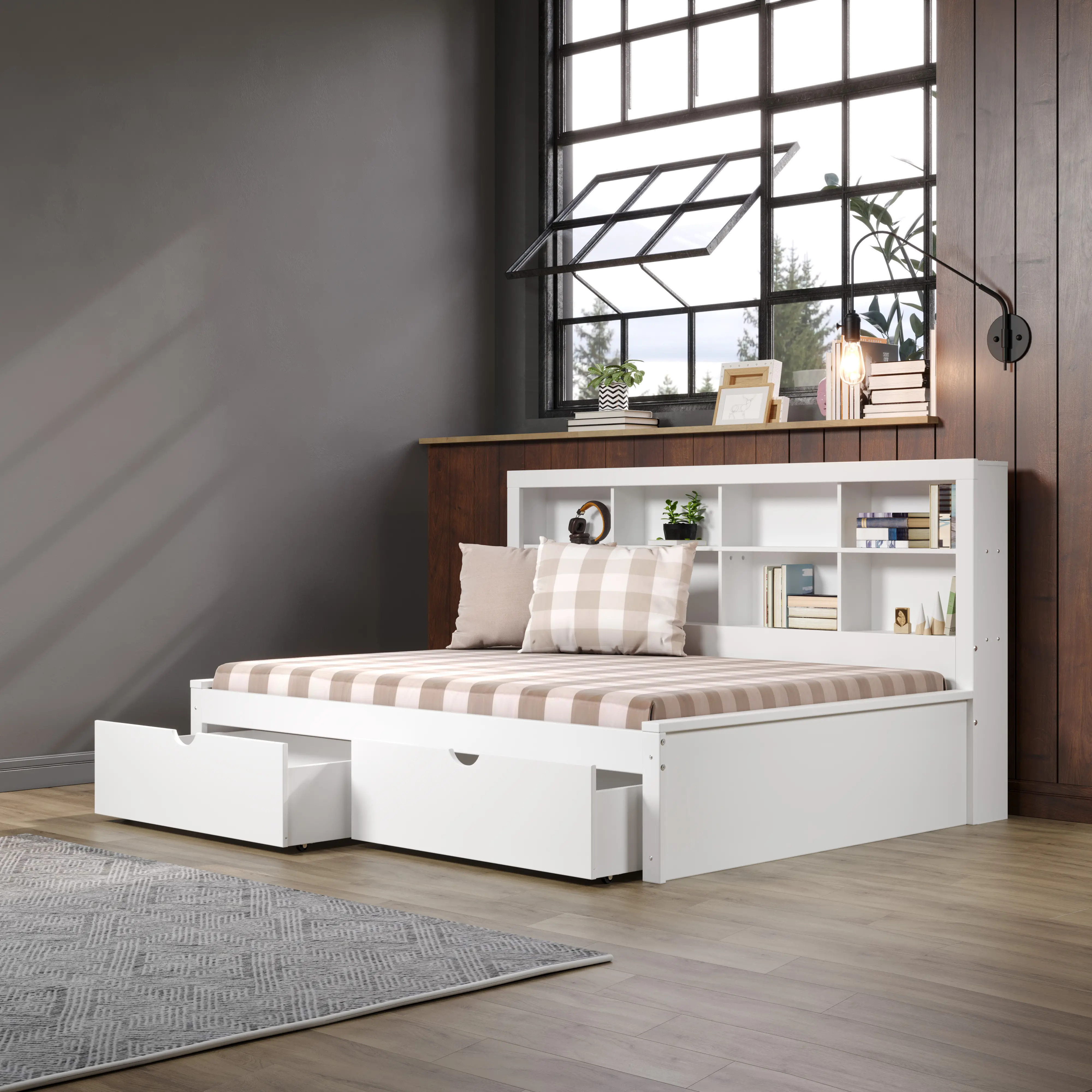 White Full Bookcase Daybed with Storage Drawers-4