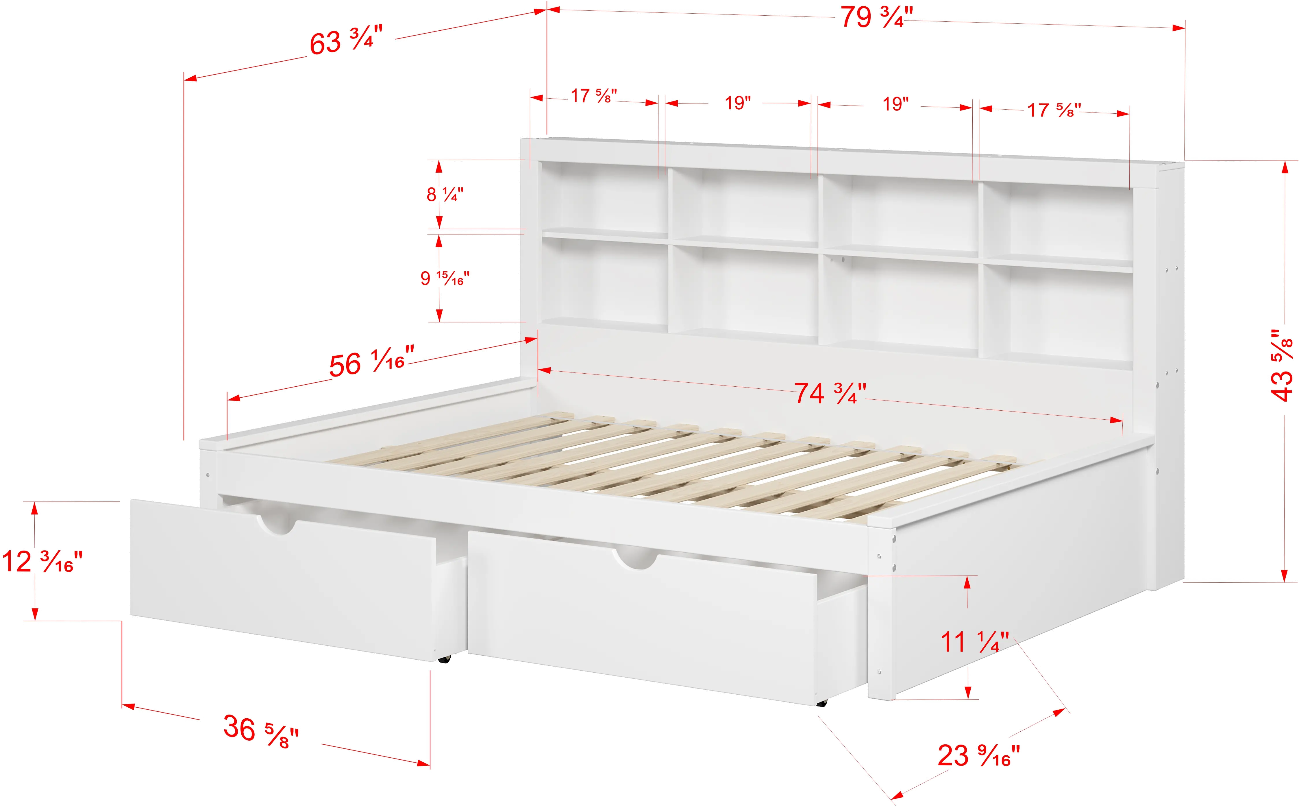 White Full Bookcase Daybed with Storage Drawers-6