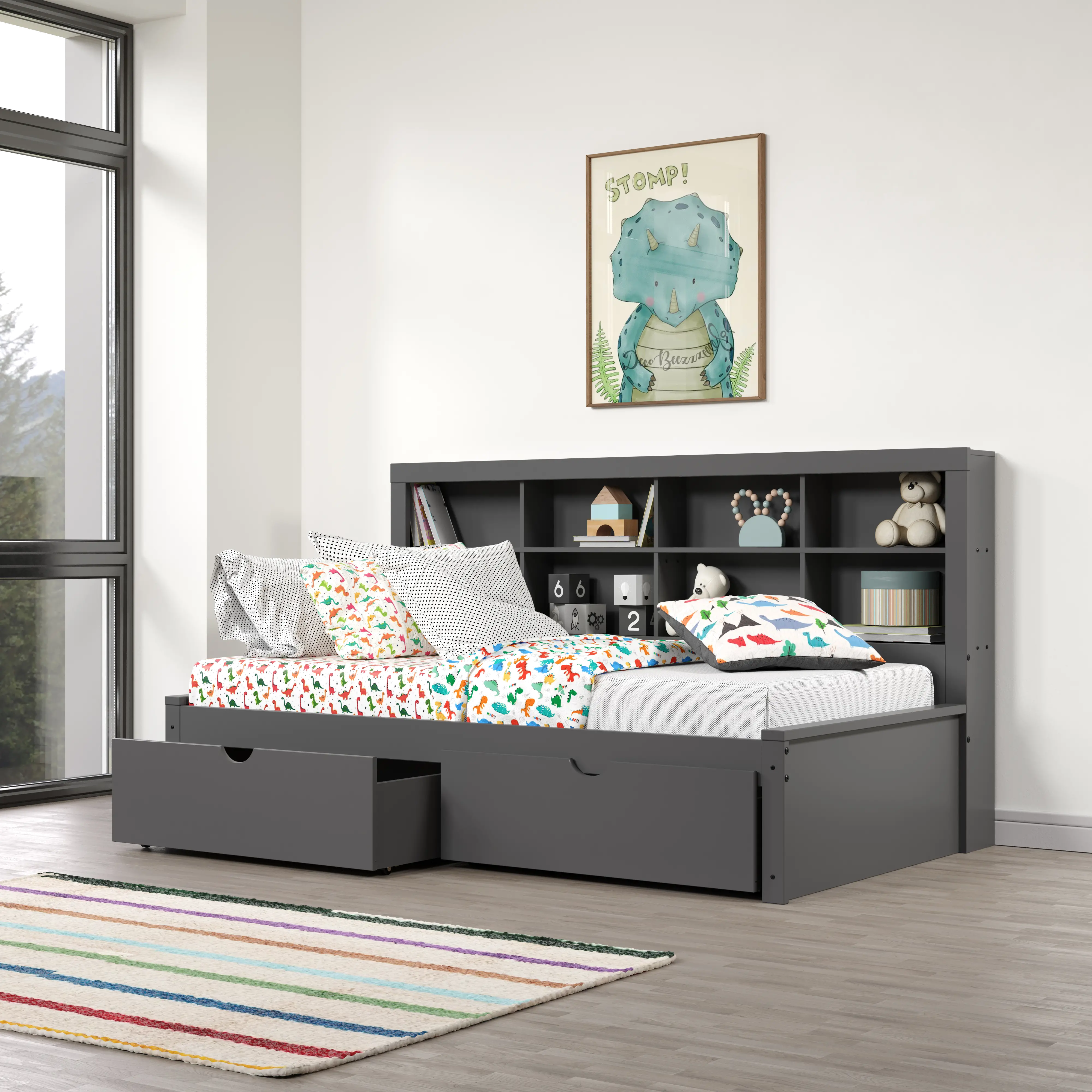 Gray Twin Bookcase Daybed with Storage Drawers-2