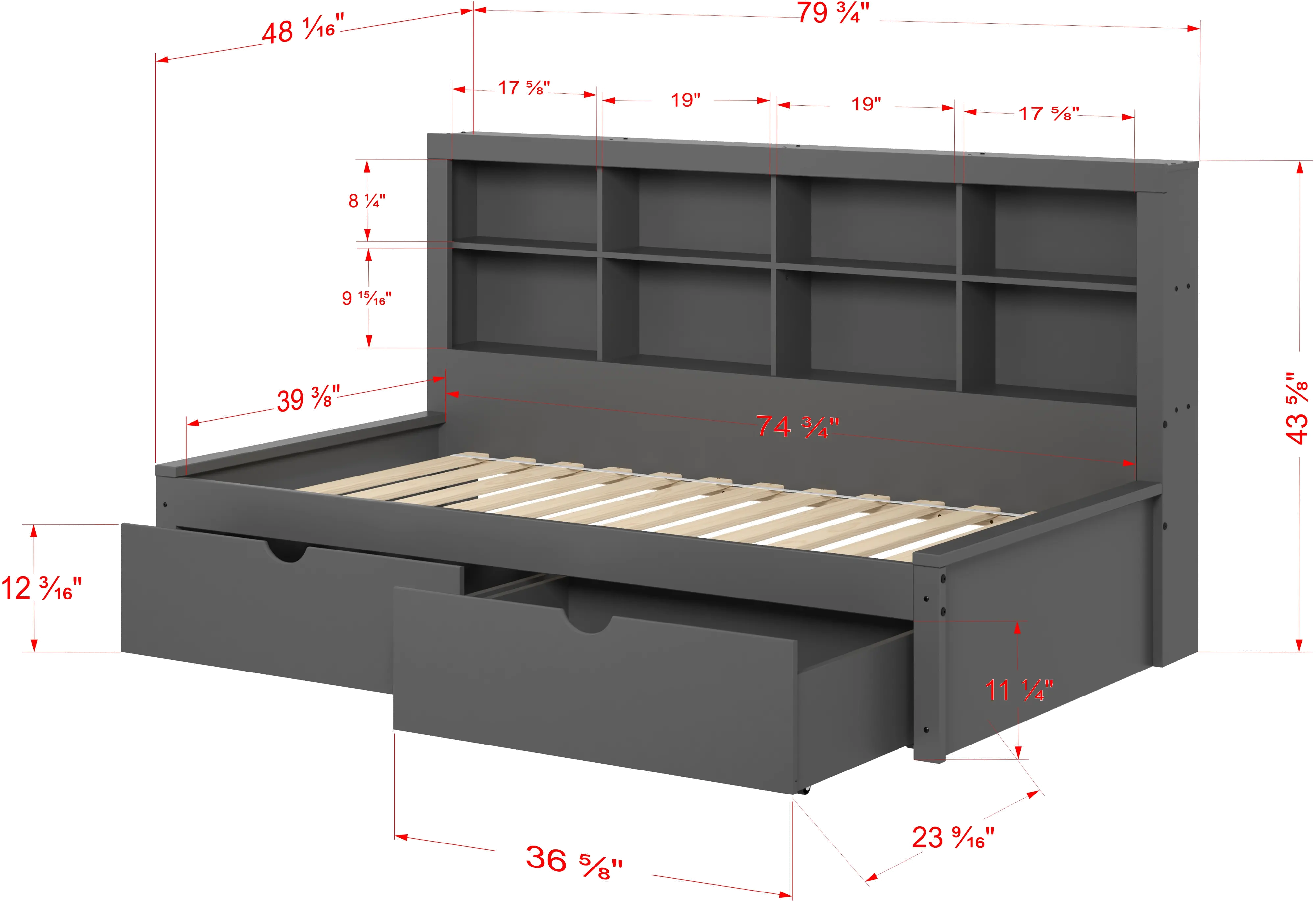 Gray Twin Bookcase Daybed with Storage Drawers-6