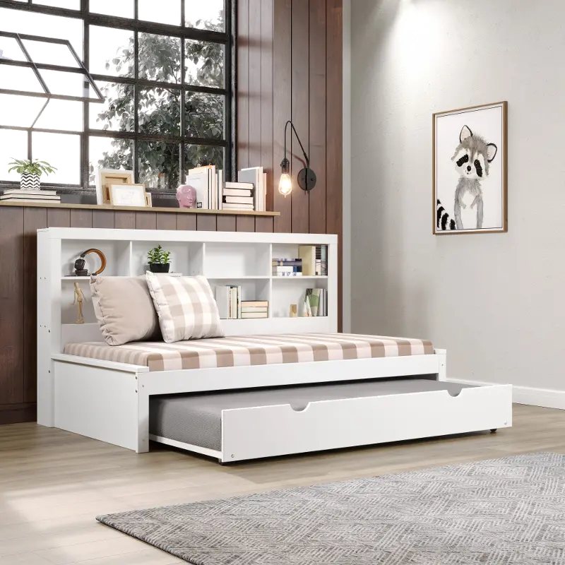 White Twin Bookcase Daybed with Trundle