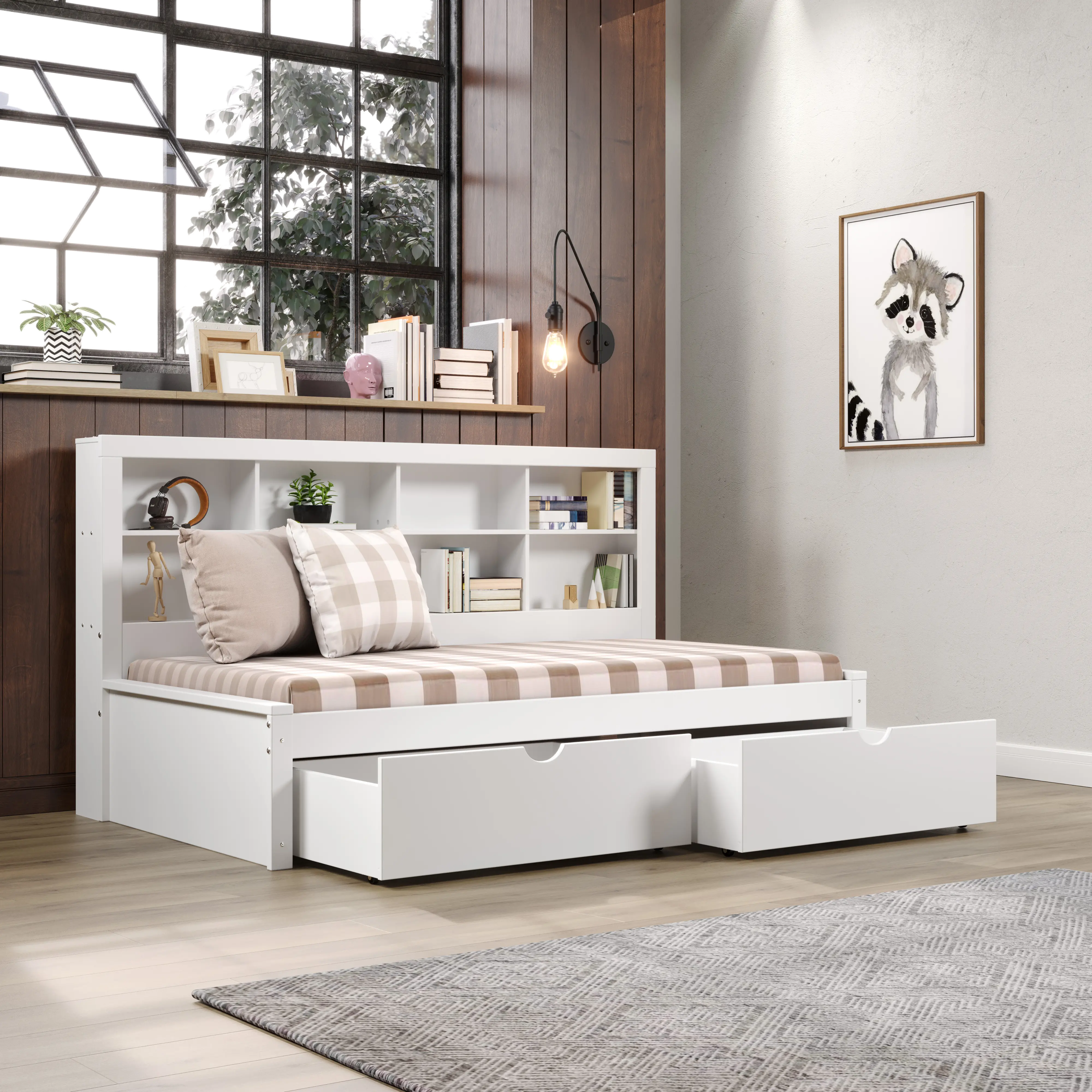 White Twin Bookcase Daybed with Storage Drawers-2