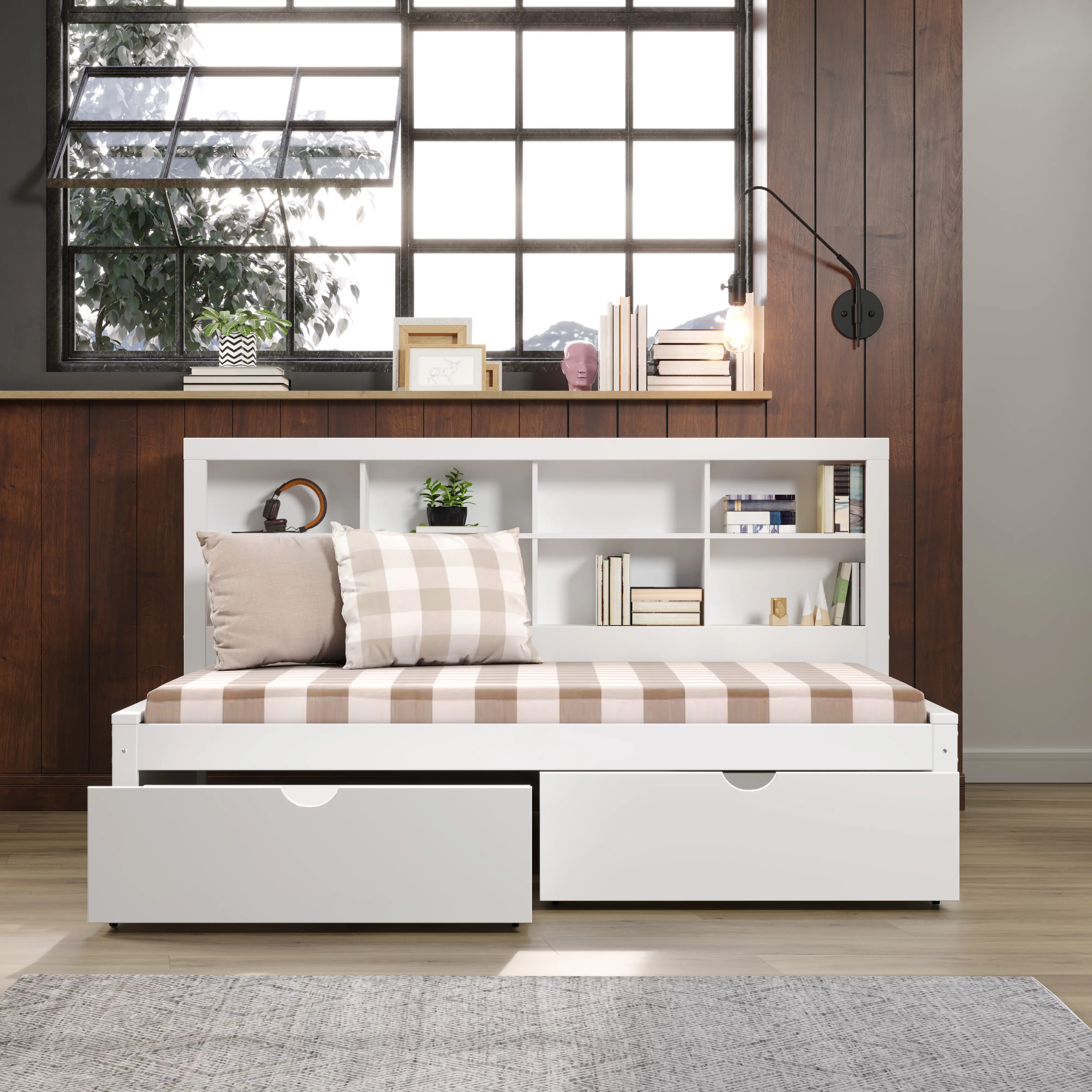White Twin Bookcase Daybed with Storage Drawers-1