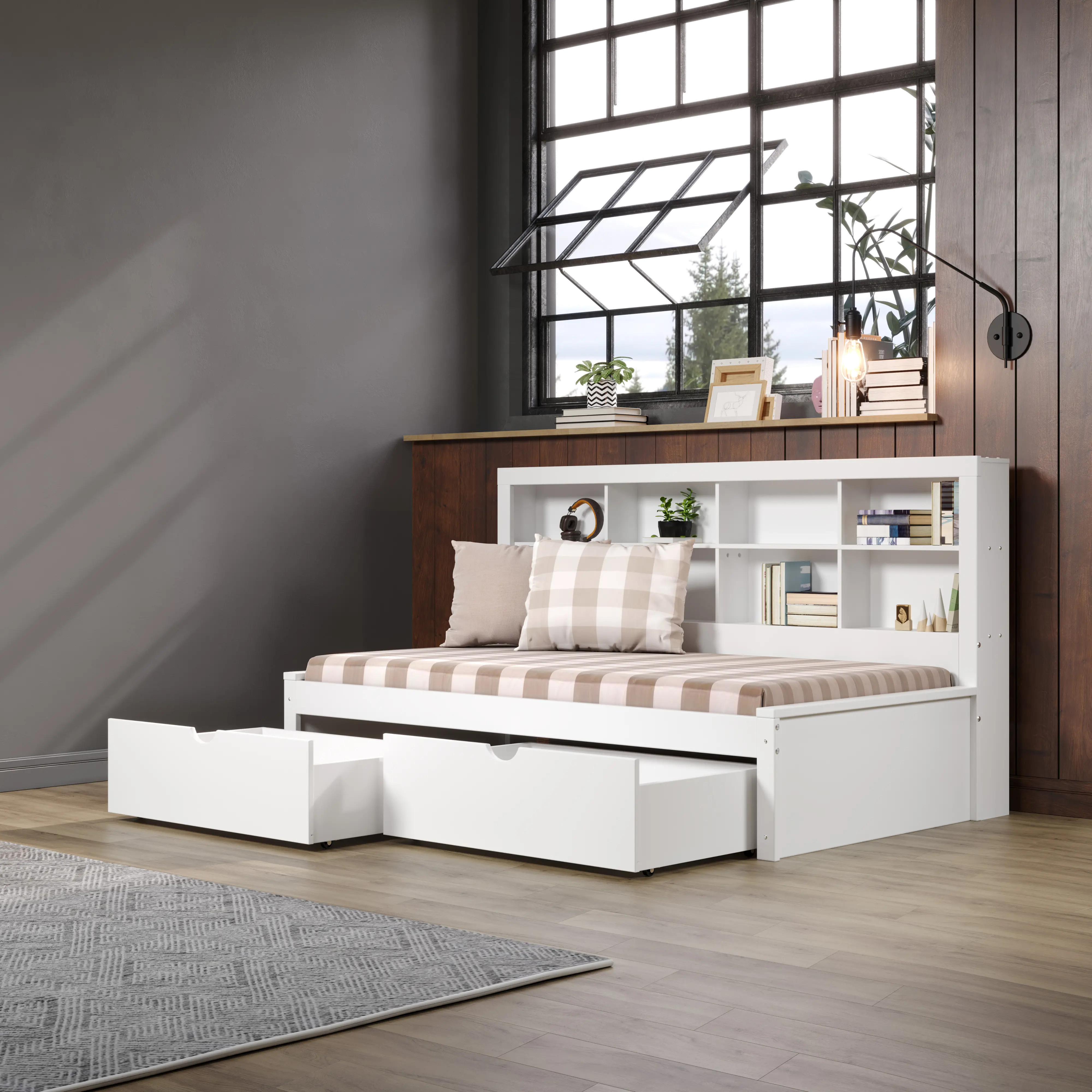 White Twin Bookcase Daybed with Storage Drawers-3