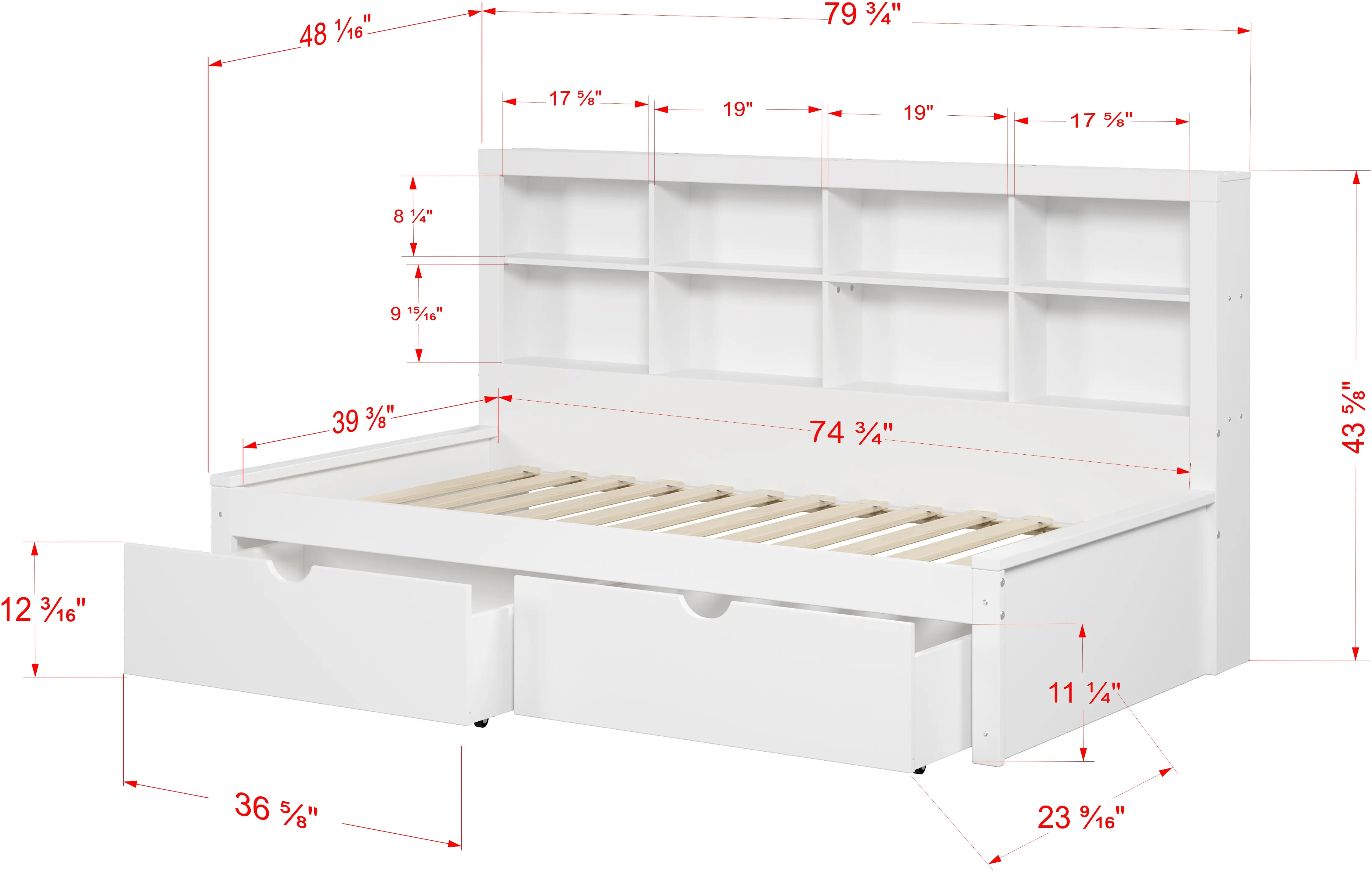 White Twin Bookcase Daybed with Storage Drawers-5