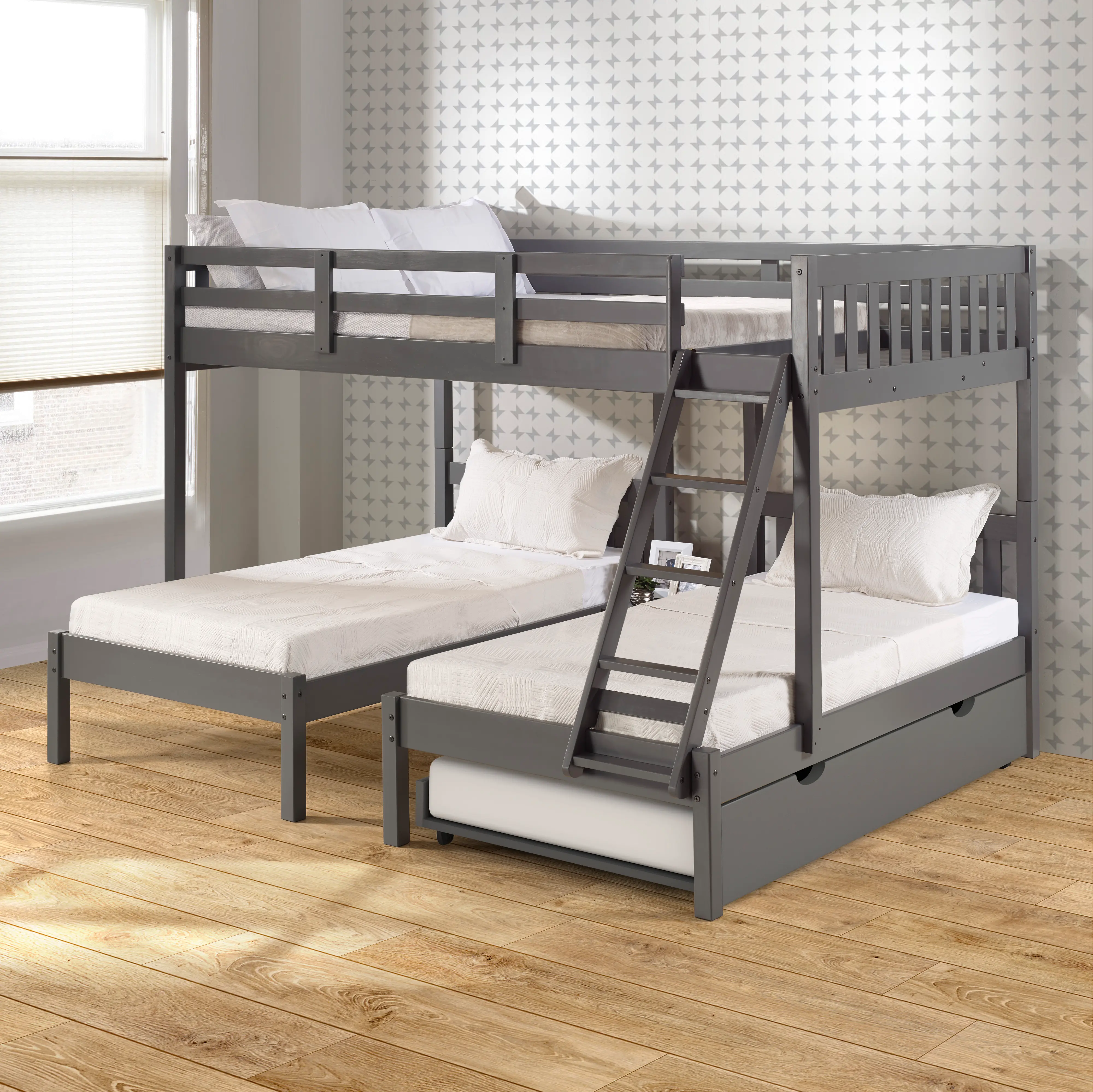 Gray Full over Double Twin Bunk Bed with Trundle-2