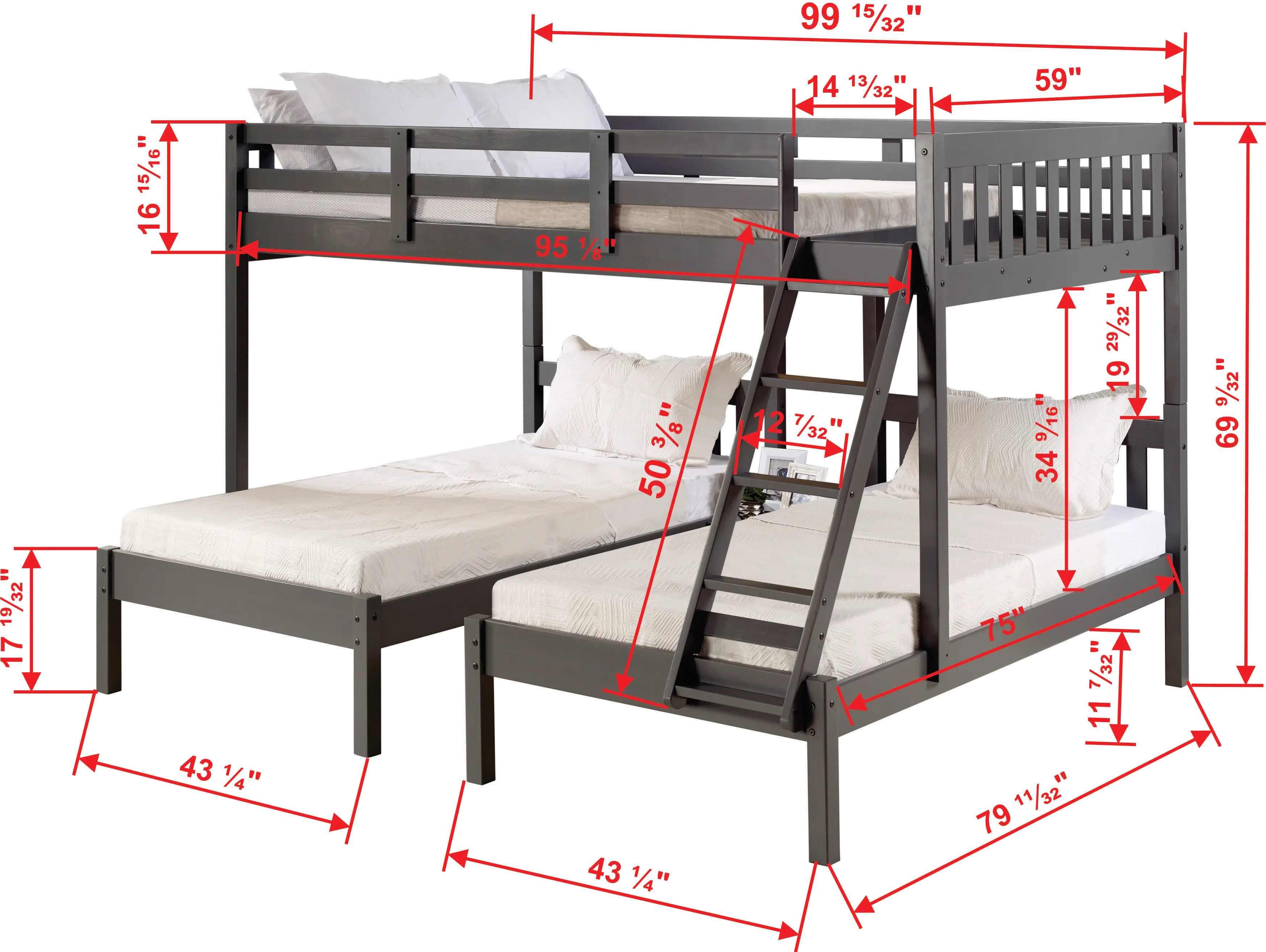 Gray Full over Double Twin Bunk Bed with Trundle-1