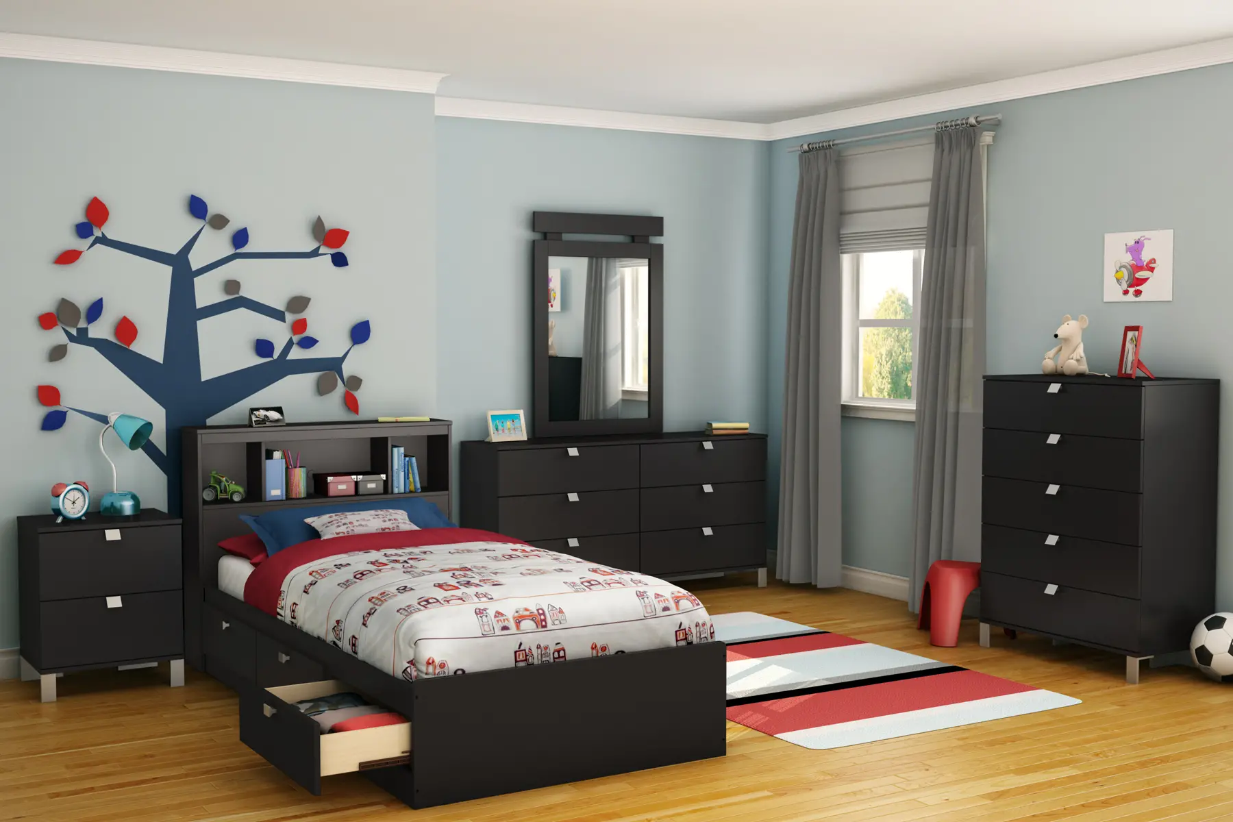 10049 Spark Black Twin Storage Bed and Bookcase Headboard Set - South Shore-2