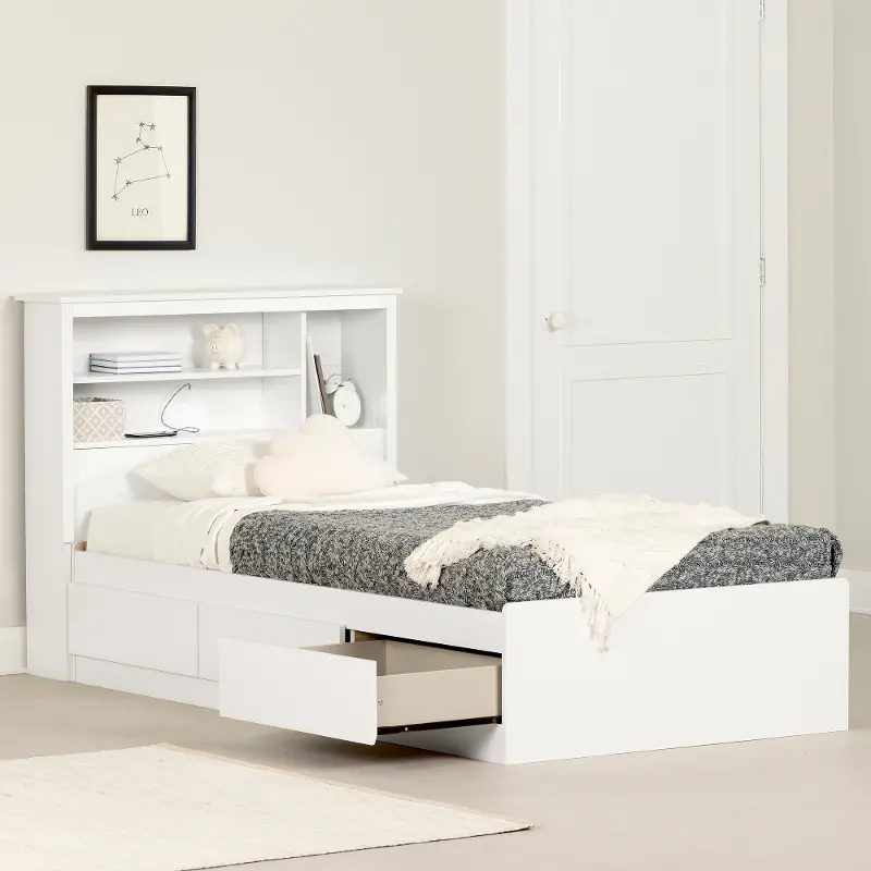 Vito White Twin Mates Bed with Bookcase Headboard - South Shore