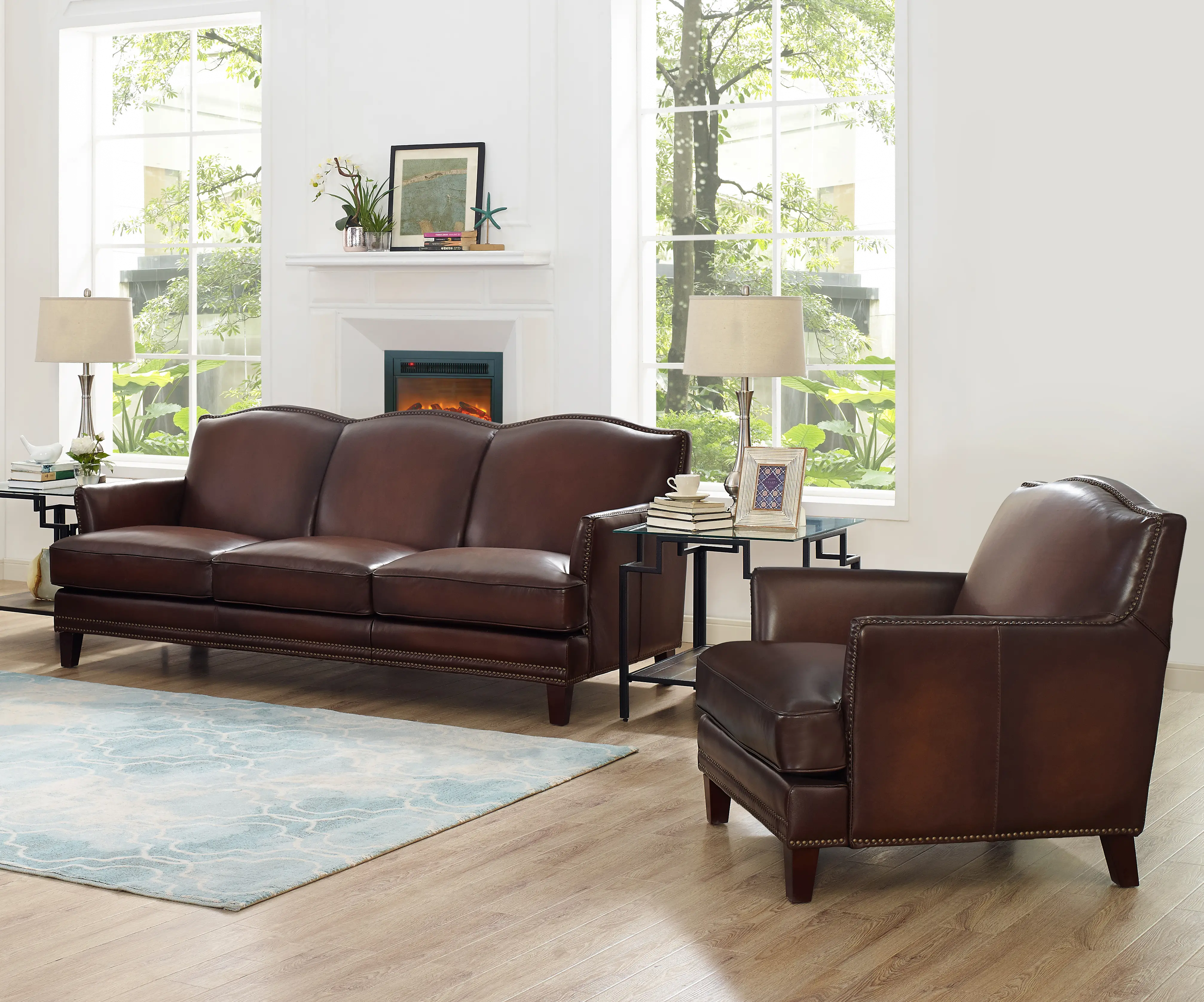 Manchester Brown Leather 2 Piece Living Room Set - Sofa & Chair-2