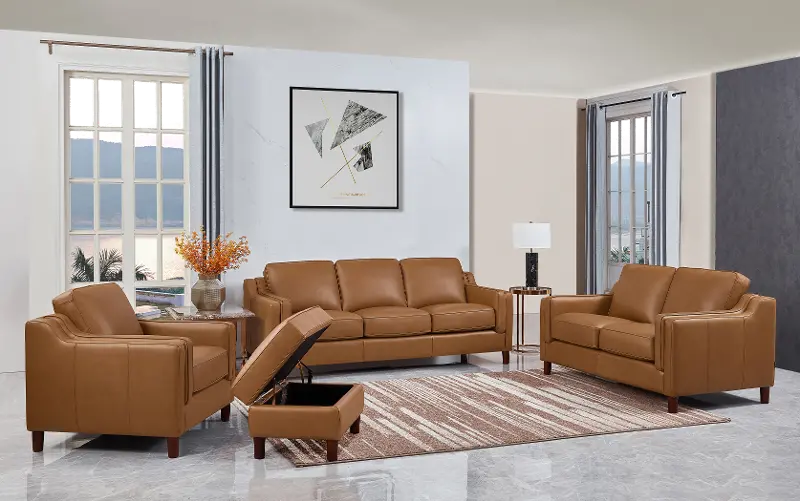 Ballari Cognac Brown Leather 4 Piece Living Room Set