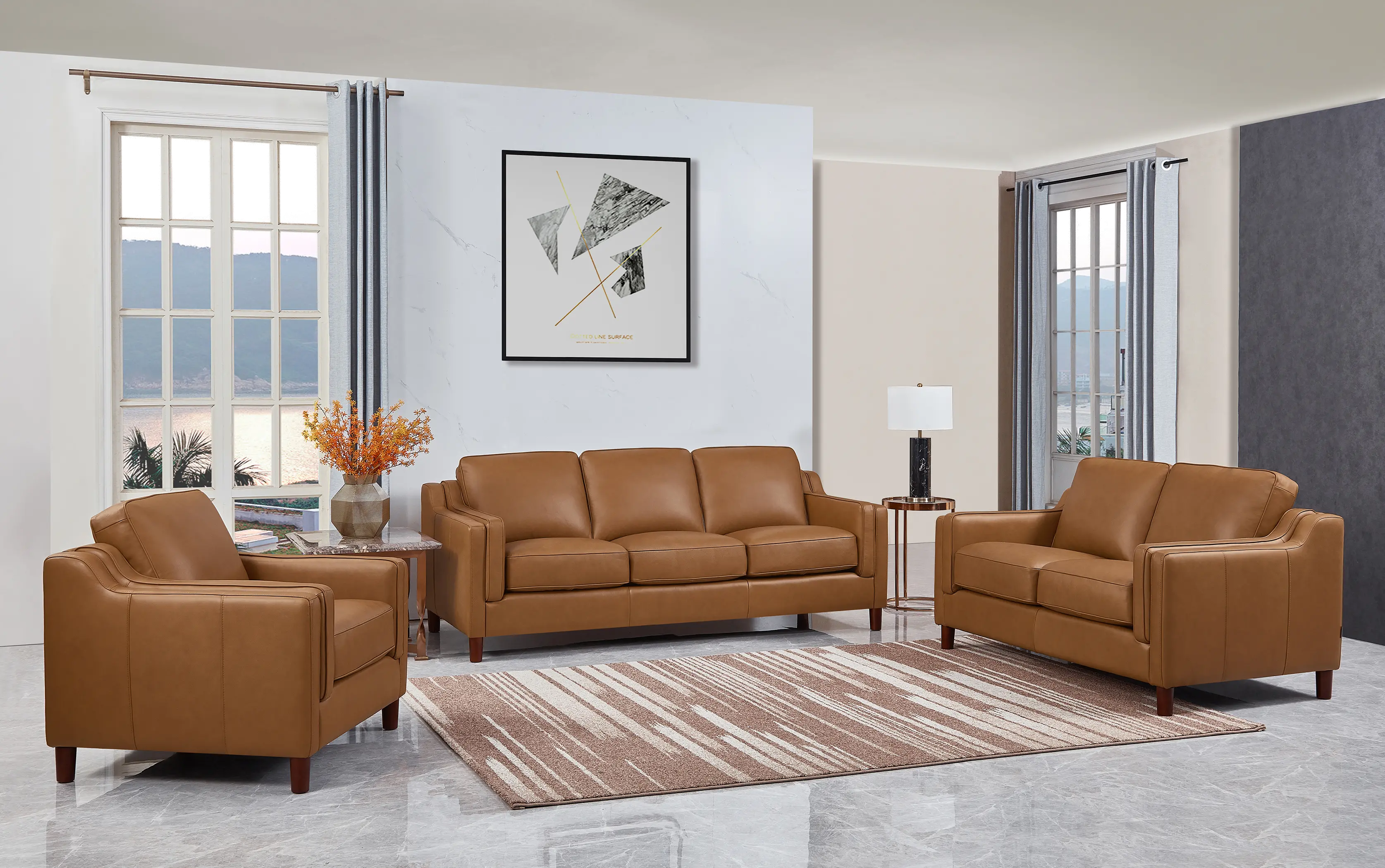 Ballari Cognac Brown Leather 3 Piece Living Room Set with Loveseat-2