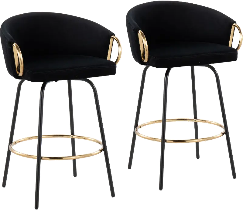 Claire Glam Gold & Black Velvet Barstool Stool, Set of 2