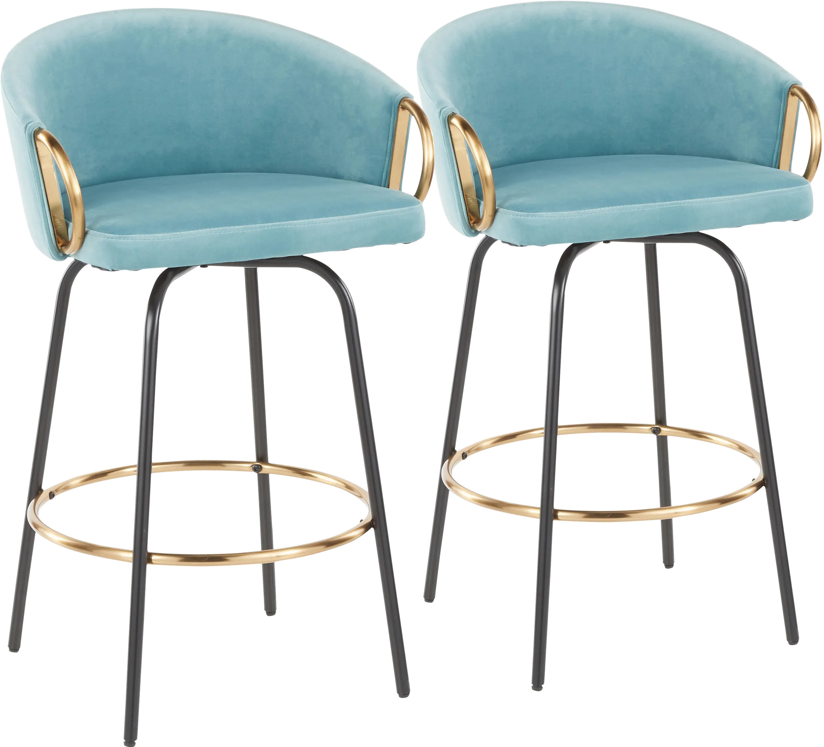 B26-CLAIRE2-SWVG BKVLBU2 Claire Glam Gold & Light Blue Velvet Barstool Stool, Set of 2-1