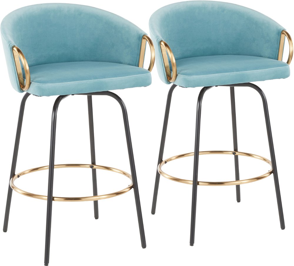 Claire Glam Gold & Light Blue Velvet Barstool Stool Set of 2