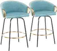 B26-CLAIRE2-SWVG BKVLBU2 Claire Glam Gold & Light Blue Velvet Barstool Stool, Set of 2