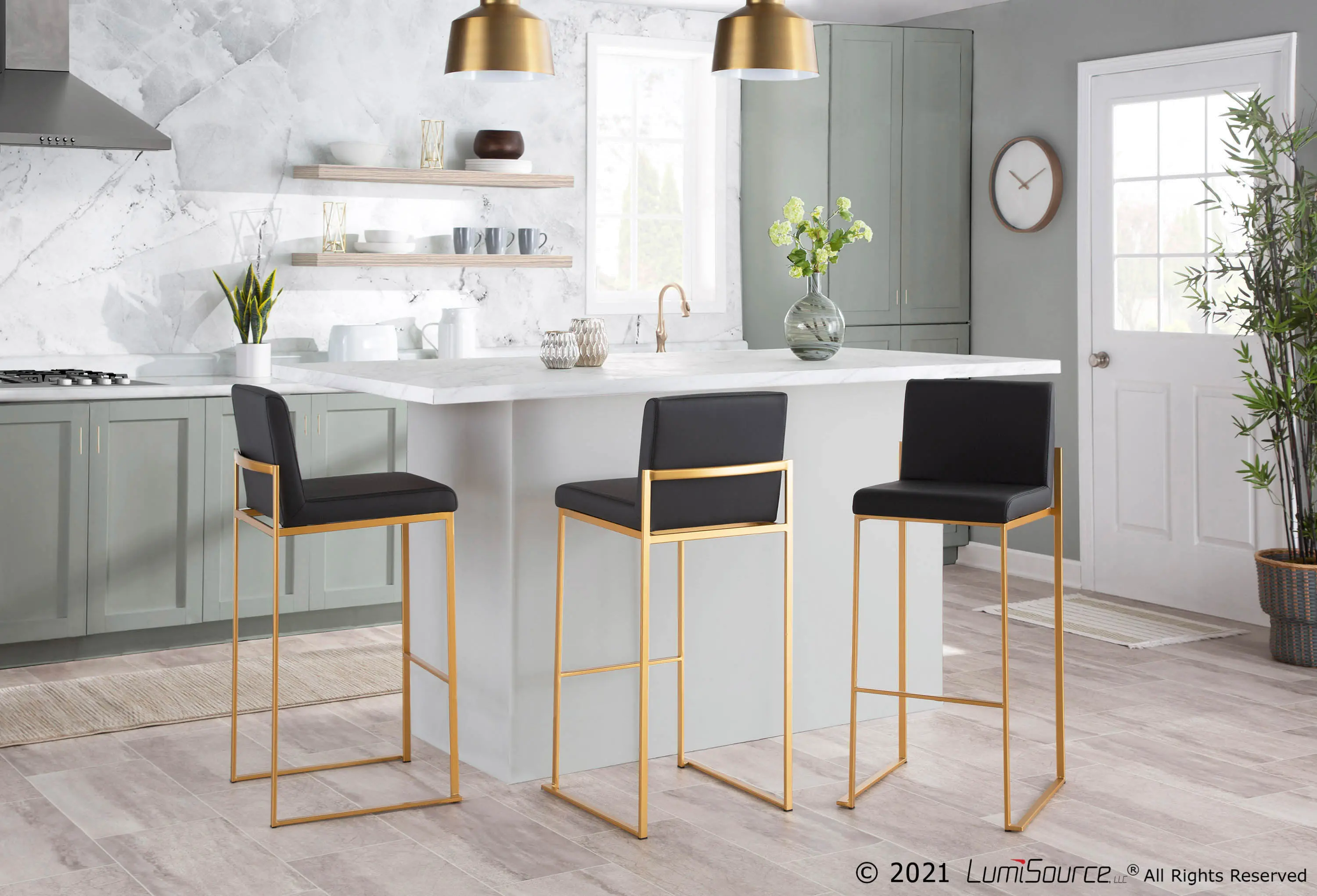 B30-FUJIHB AUBK2 Fuji High Back Gold & Black Faux Leather Barstools, Set of 2-2