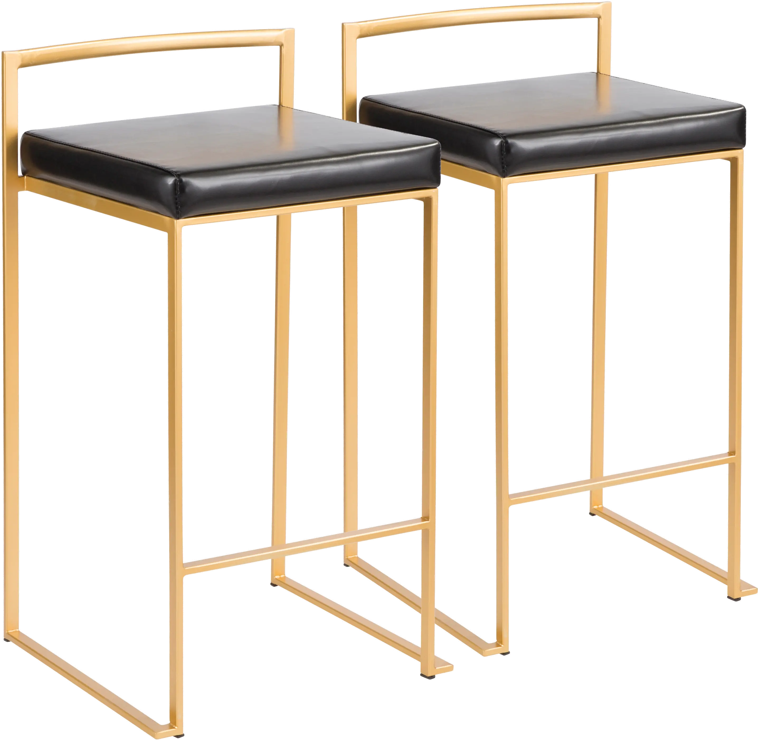 Fuji Low Back Gold Black Faux Leather Counter Stools, Set of