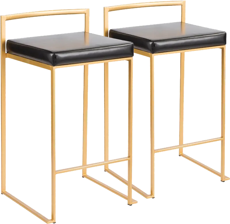 Fuji Low Back Gold & Black Faux Leather Counter Stools, Set of 2