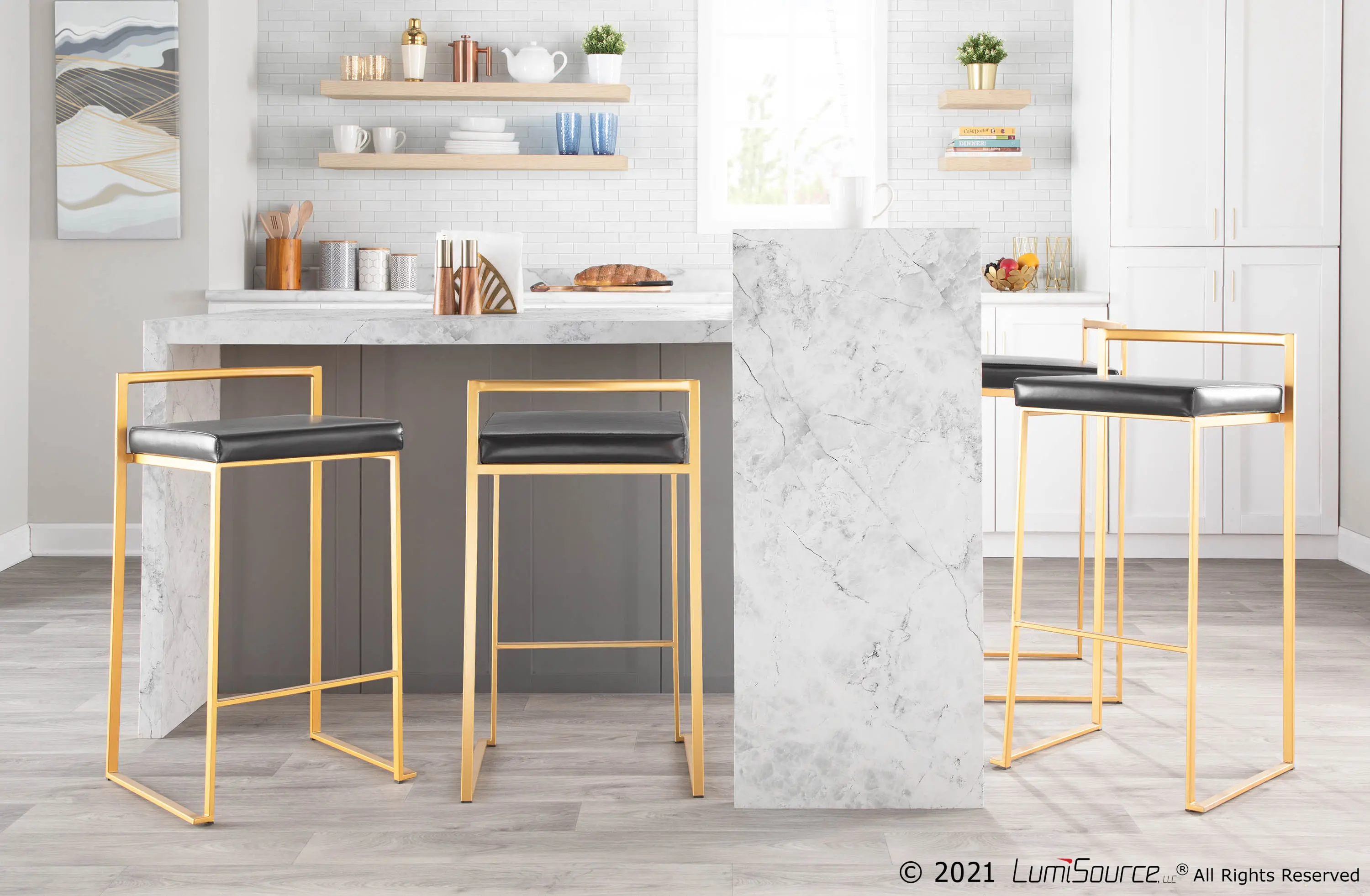 B26-FUJI AU+BK2 Fuji Low Back Gold & Black Faux Leather Counter Stools, Set of 2-2