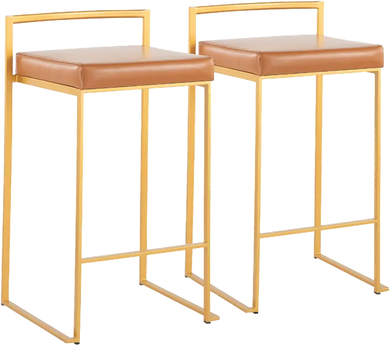 Fuji Low Back Gold & Camel Faux Leather Counter Stools, Set of 2