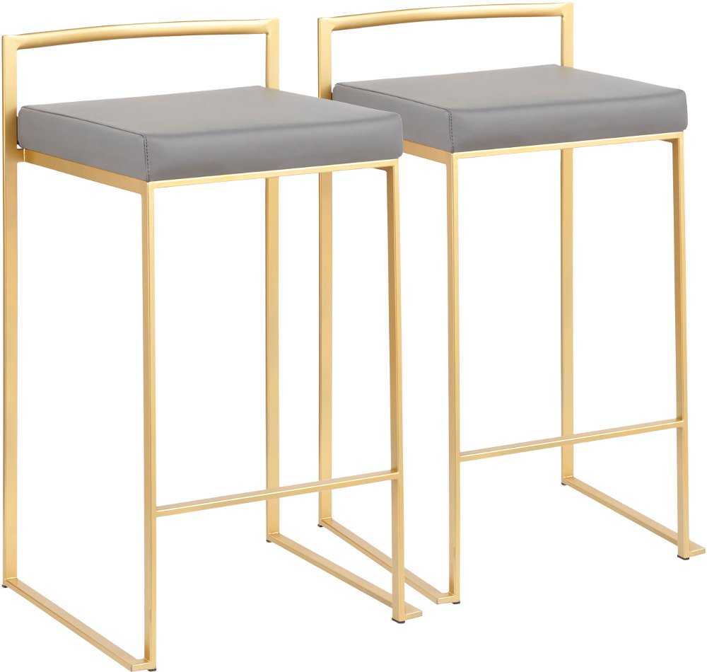 Fuji Low Back Gold & Gray Faux Leather Counter Stools Set of 2