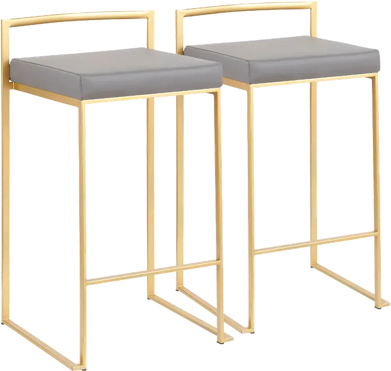 Fuji Low Back Gold & Gray Faux Leather Counter Stools, Set of 2