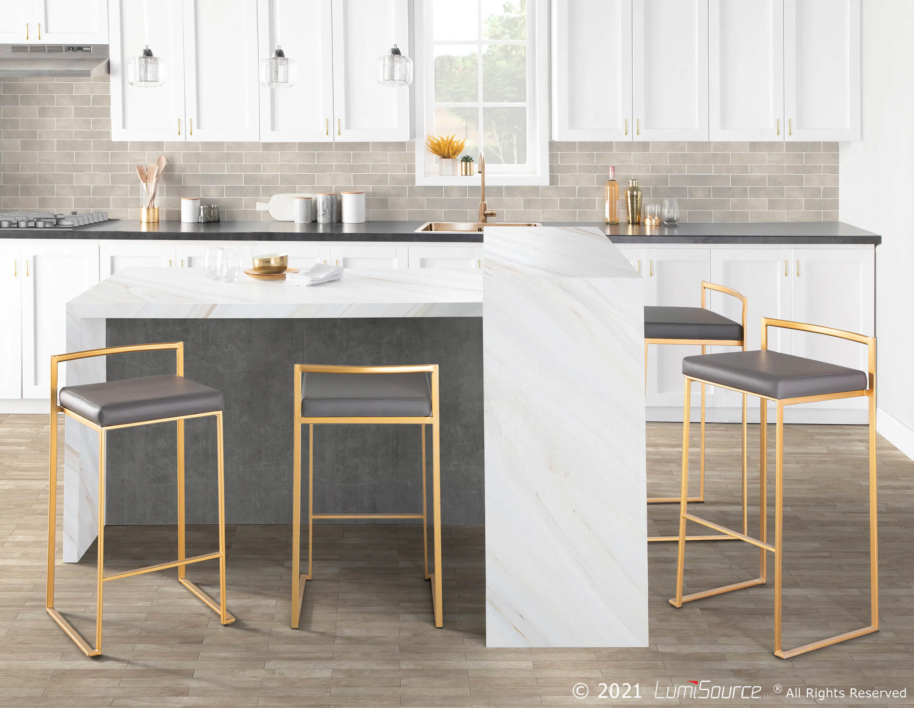 B26-FUJI AUGY2 Fuji Low Back Gold & Gray Faux Leather Counter Stools, Set of 2-2