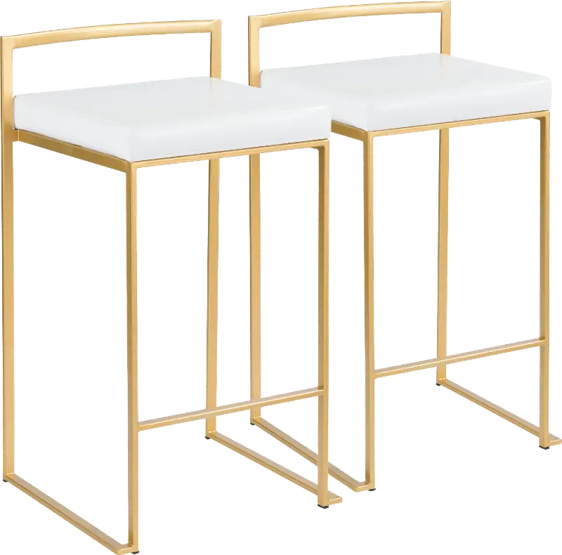 Fuji Low Back Gold & White Faux Leather Counter Stools, Set of 2