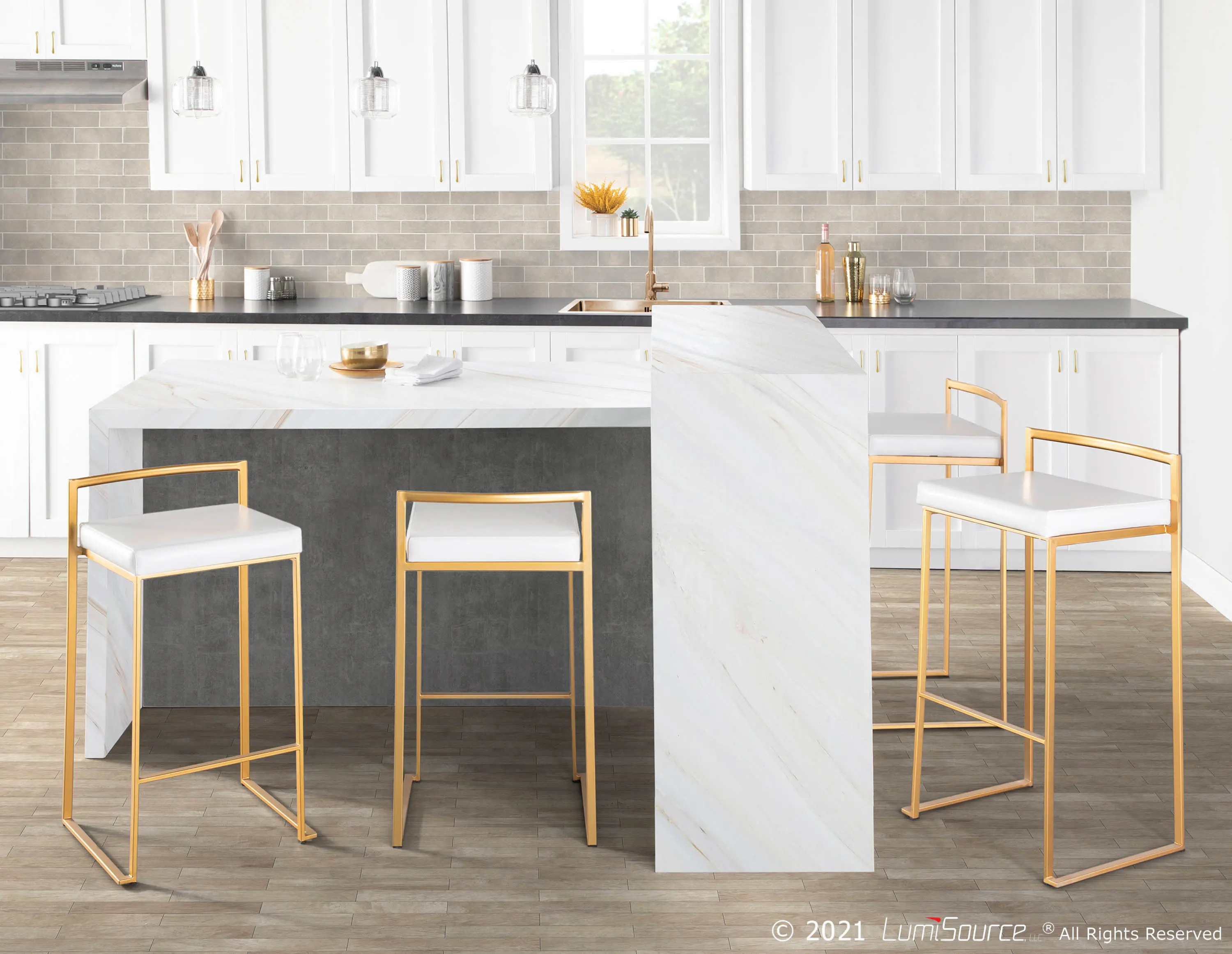 B26-FUJI AU+W2 Fuji Low Back Gold & White Faux Leather Counter Stools, Set of 2-2