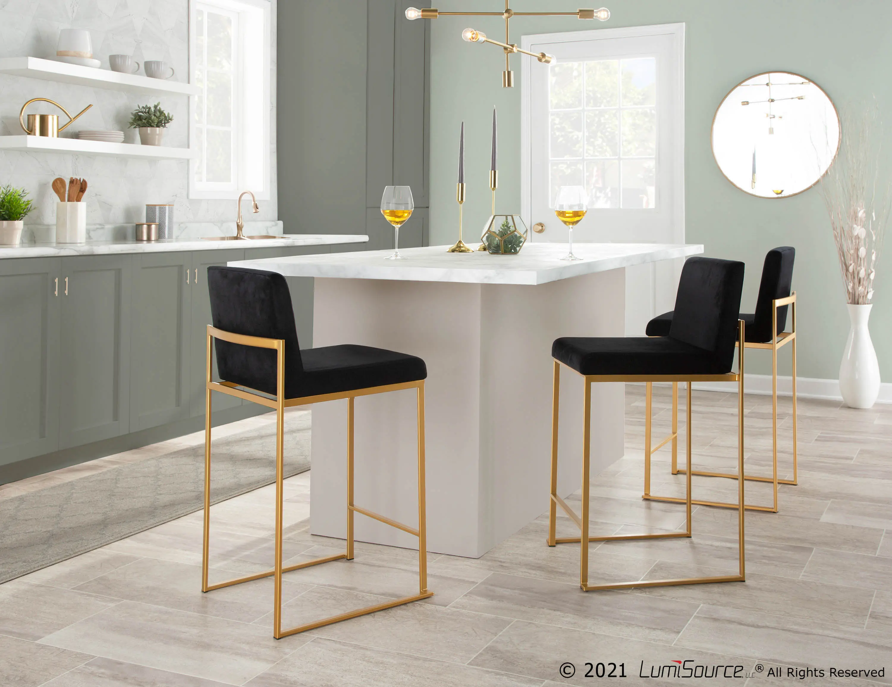 B26-FUJIHB AUVBK2 Fuji High Back Gold & Black Velvet Counter Stools, Set of 2-2