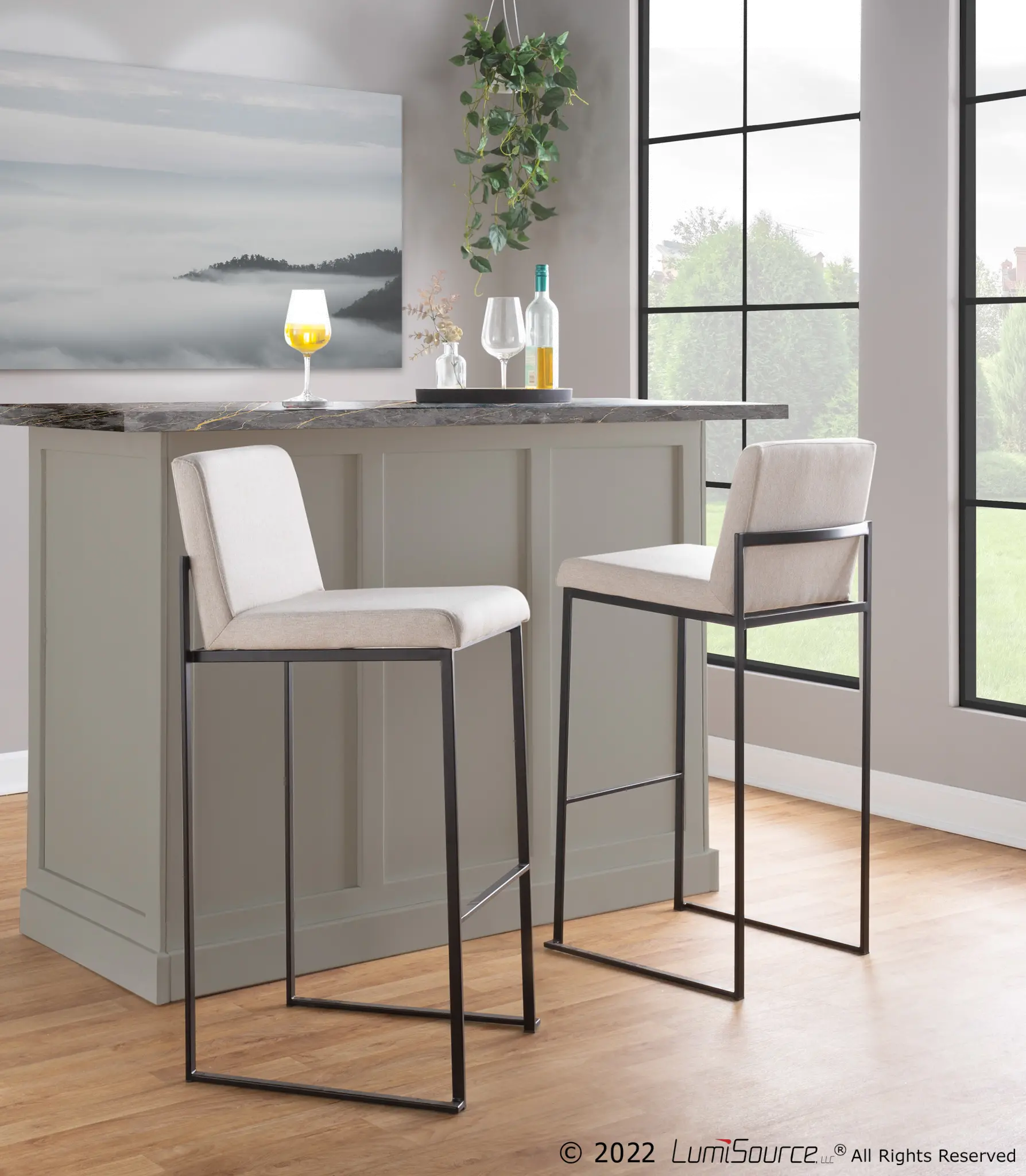 B30-FUJIHB BKFBG2 Fuji Black and Beige Bar Stool, Set of 2-2