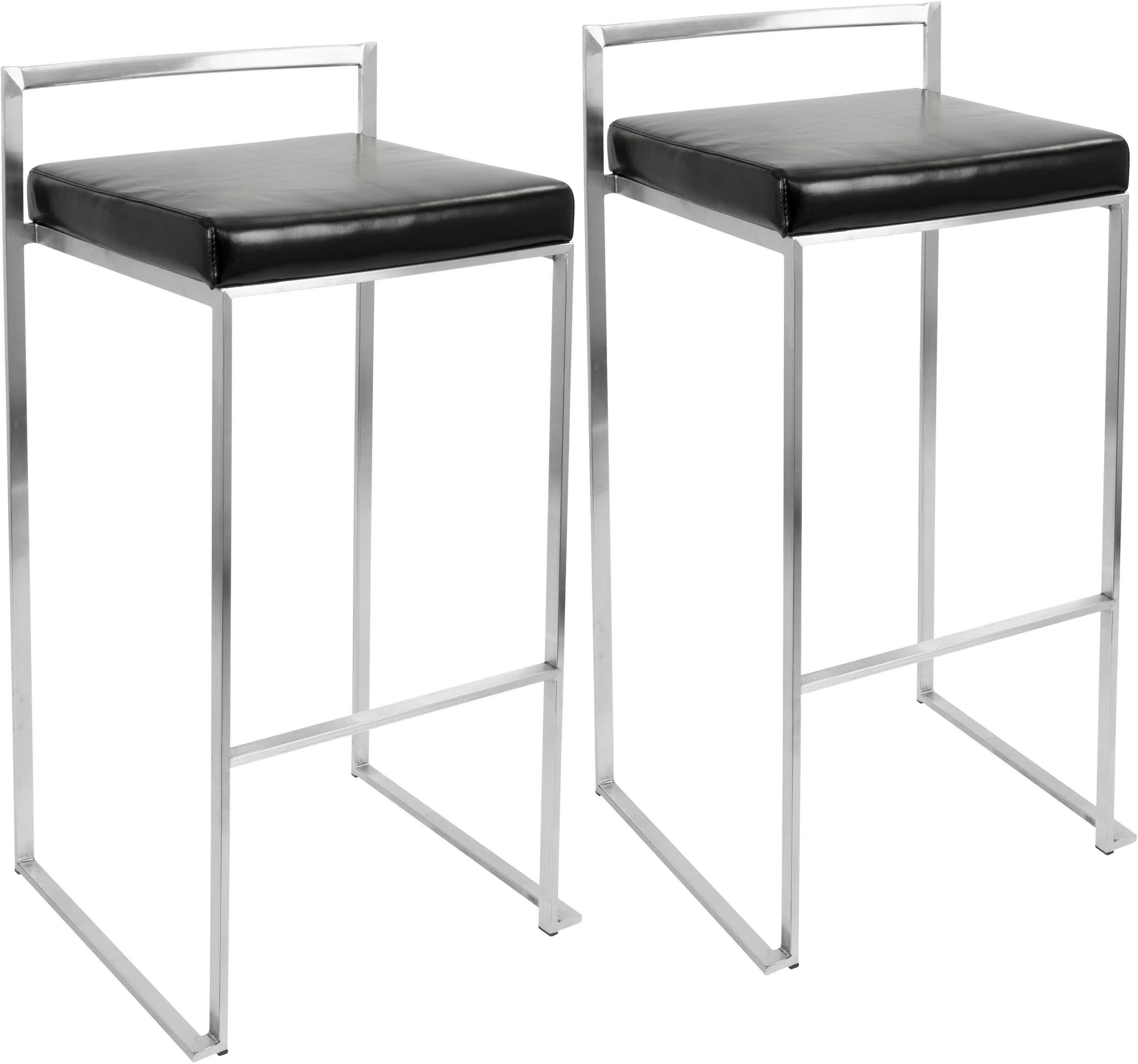 BS-FUJI BK2 Fuji Low Back Stainless & Black Faux Leather Barstools, Set of 2-1