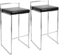 BS-FUJI BK2 Fuji Low Back Stainless & Black Faux Leather Barstools, Set of 2
