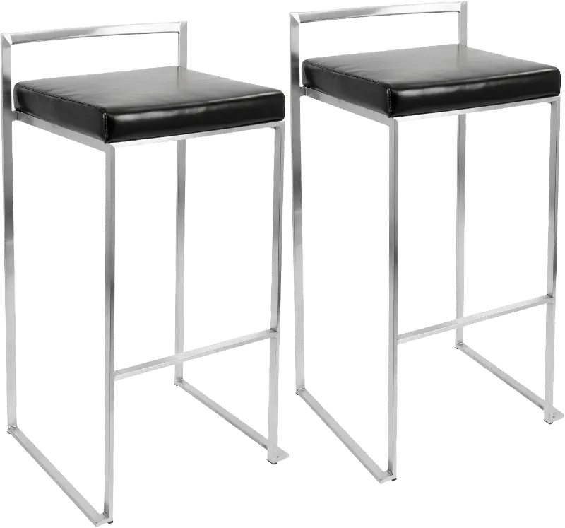 Fuji Low Back Stainless & Black Faux Leather Barstools, Set of 2