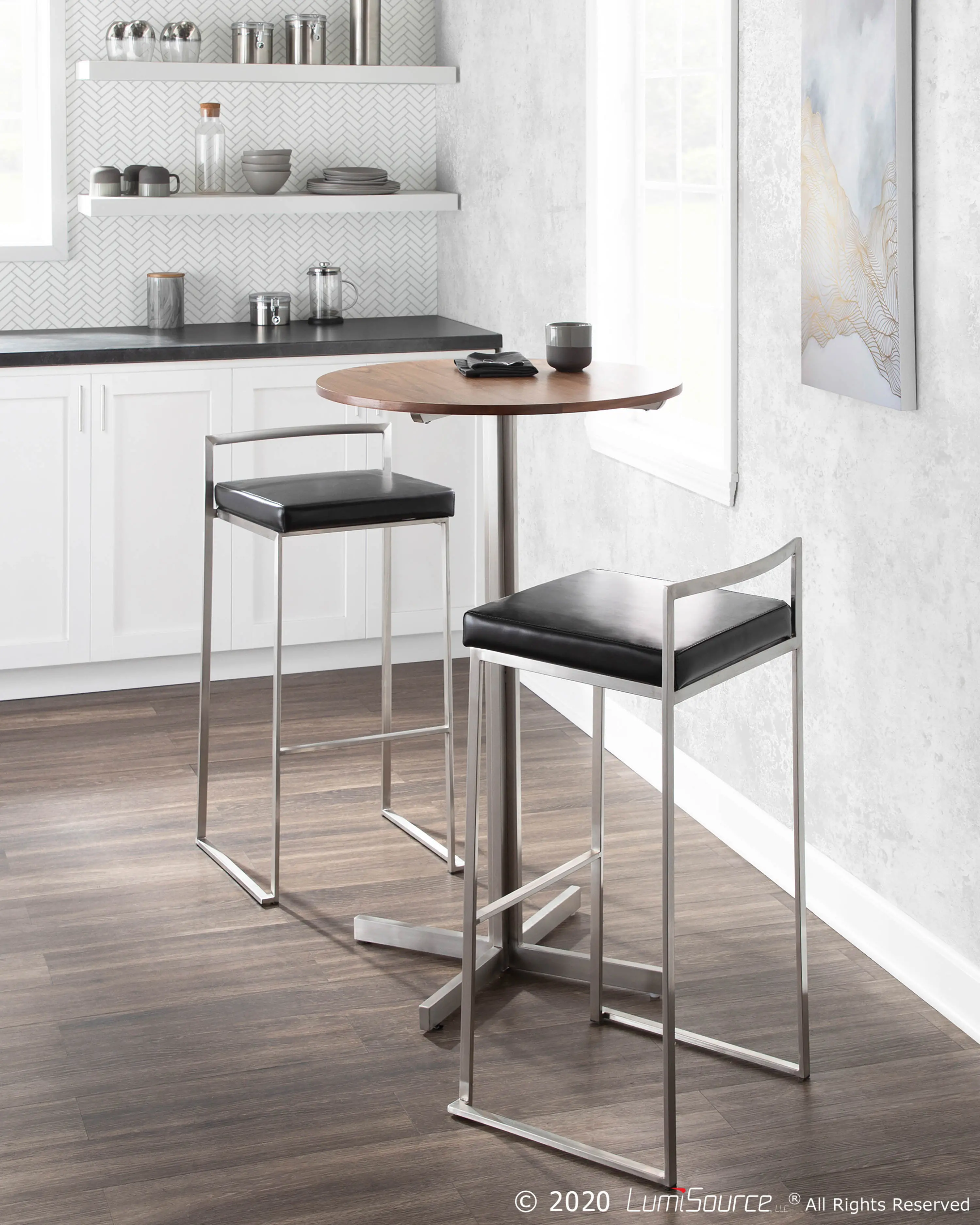 BS-FUJI BK2 Fuji Low Back Stainless & Black Faux Leather Barstools, Set of 2-2