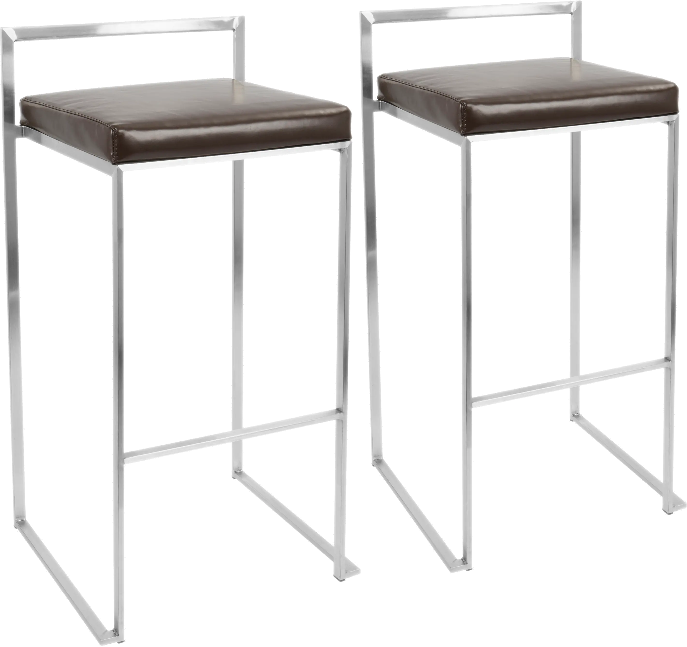 BS-FUJI BN2 Fuji Low Back Stainless & Brown Faux Leather Barstools, Set of 2-1