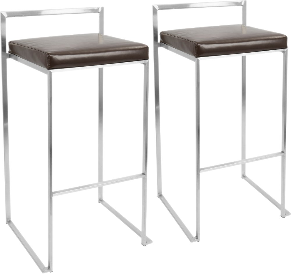 Fuji Low Back Stainless & Brown Faux Leather Barstools Set of 2