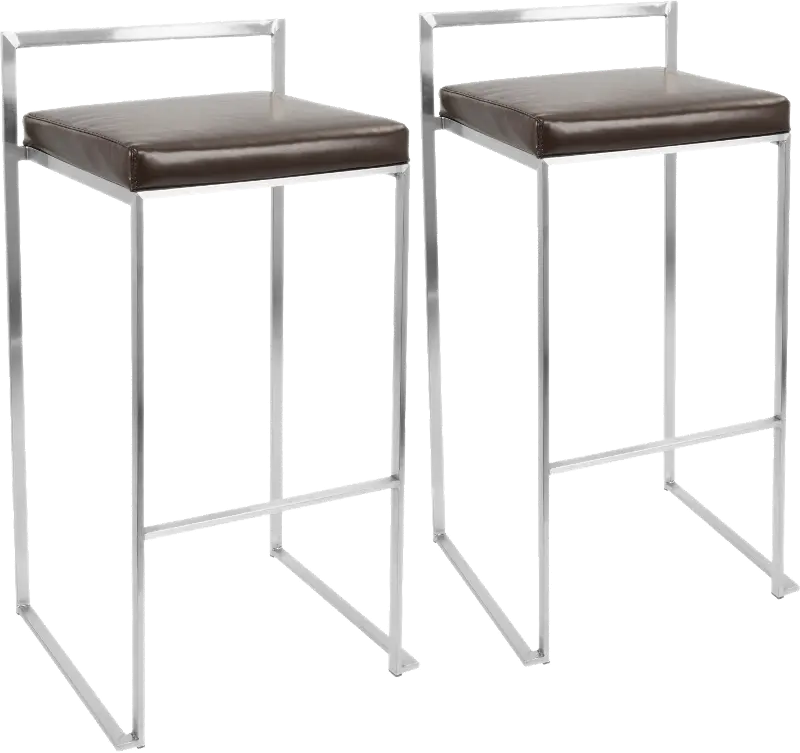 Fuji Low Back Stainless & Brown Faux Leather Barstools, Set of 2