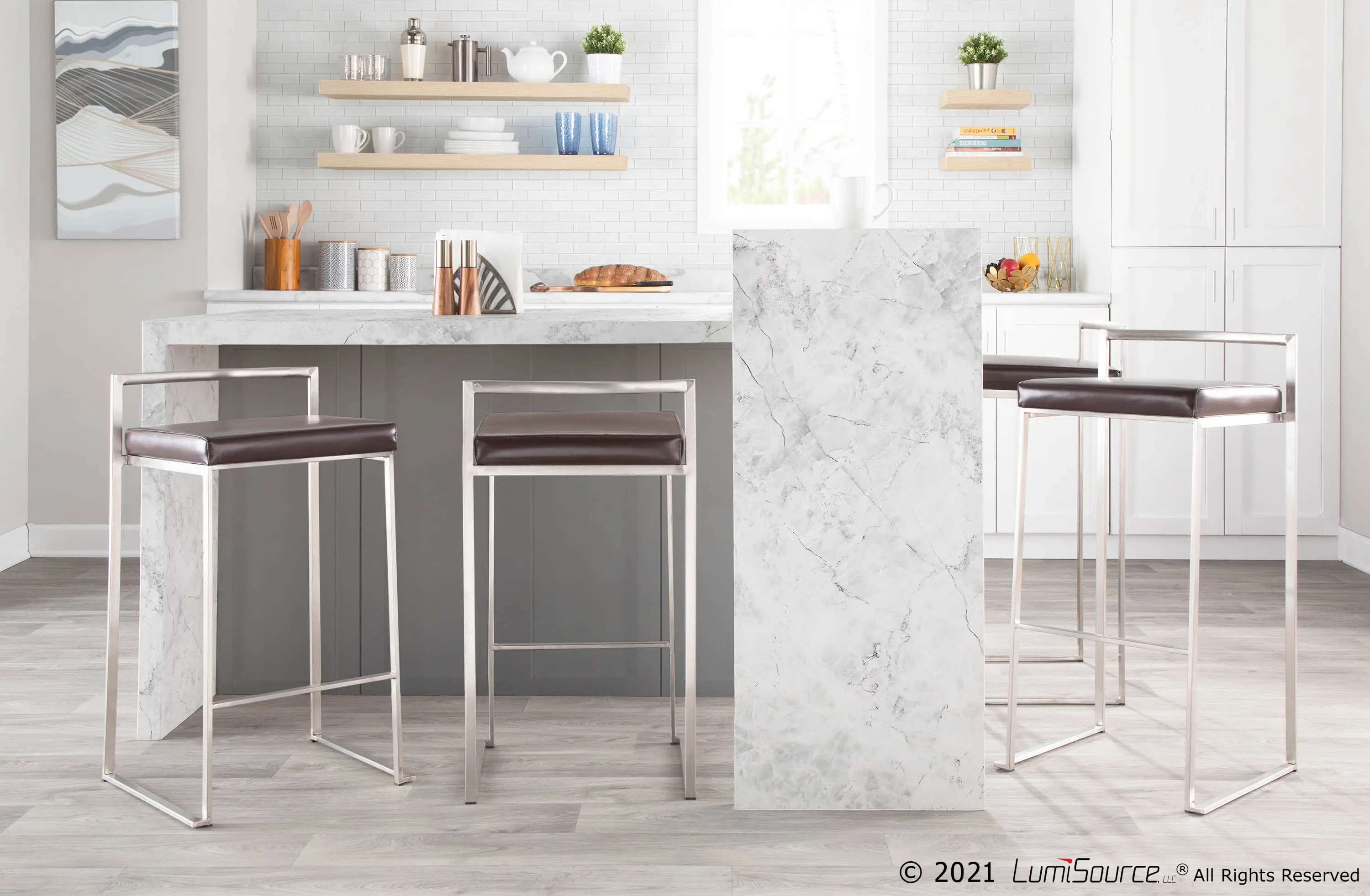 BS-FUJI BN2 Fuji Low Back Stainless & Brown Faux Leather Barstools, Set of 2-2