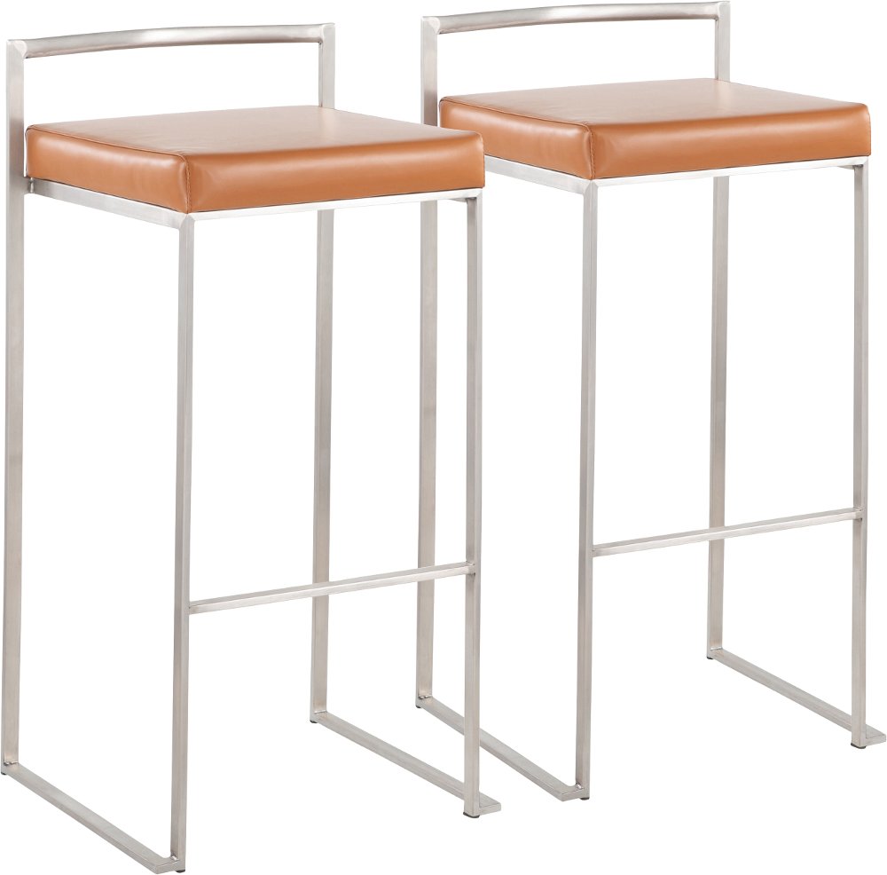 Fuji Low Back Stainless & Camel Faux Leather Barstools Set of 2